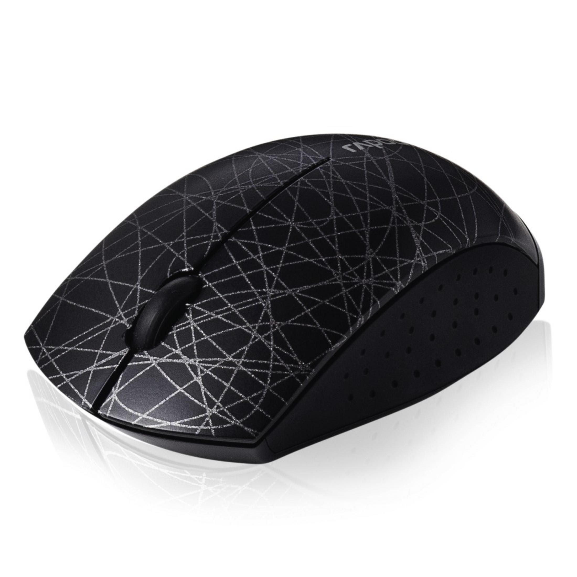 Czarna mysz z geometrycznym wzorem. Kółko przewijania jest czarne. Białe tło.