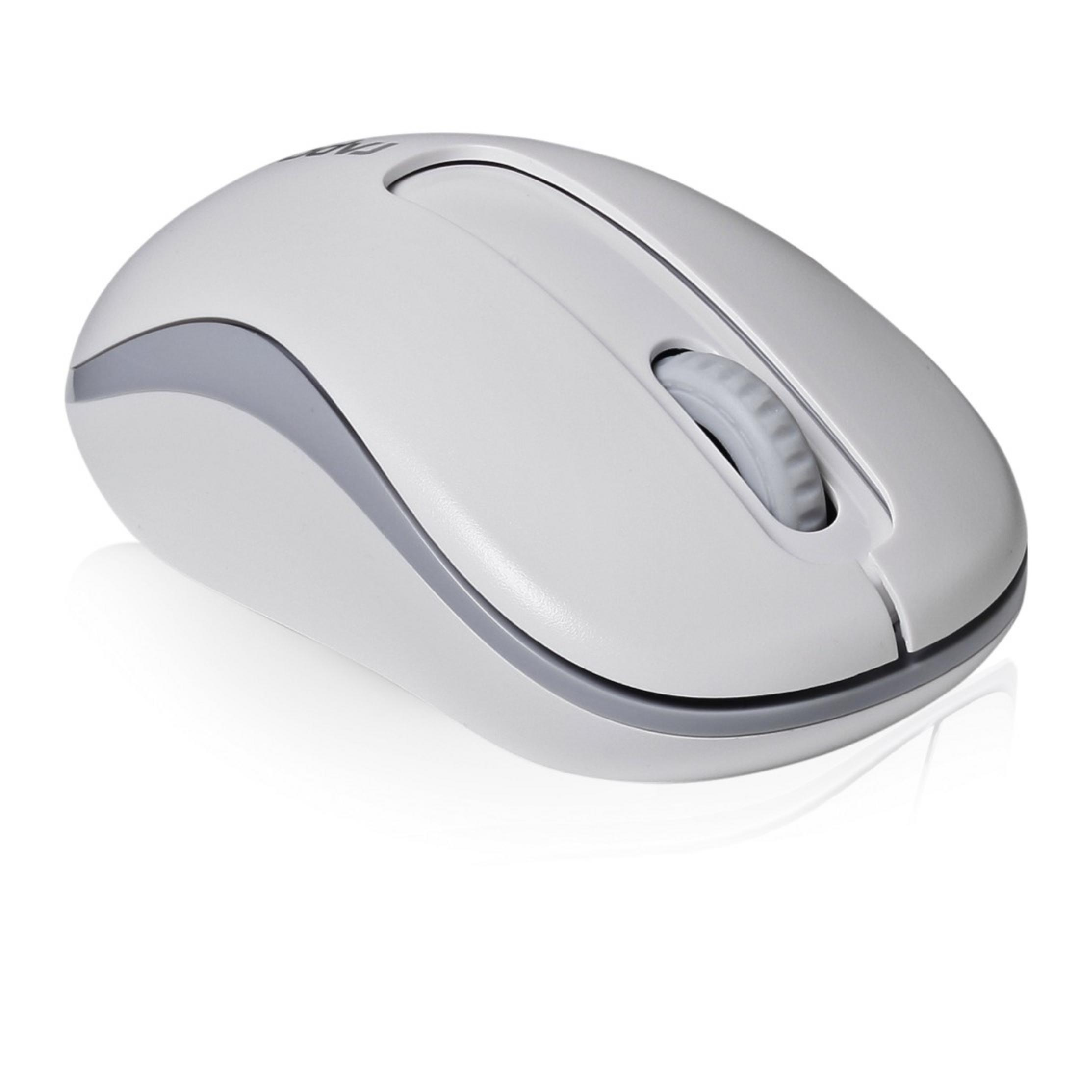 Biała mysz komputerowa z szarymi akcentami i kółkiem przewijania.