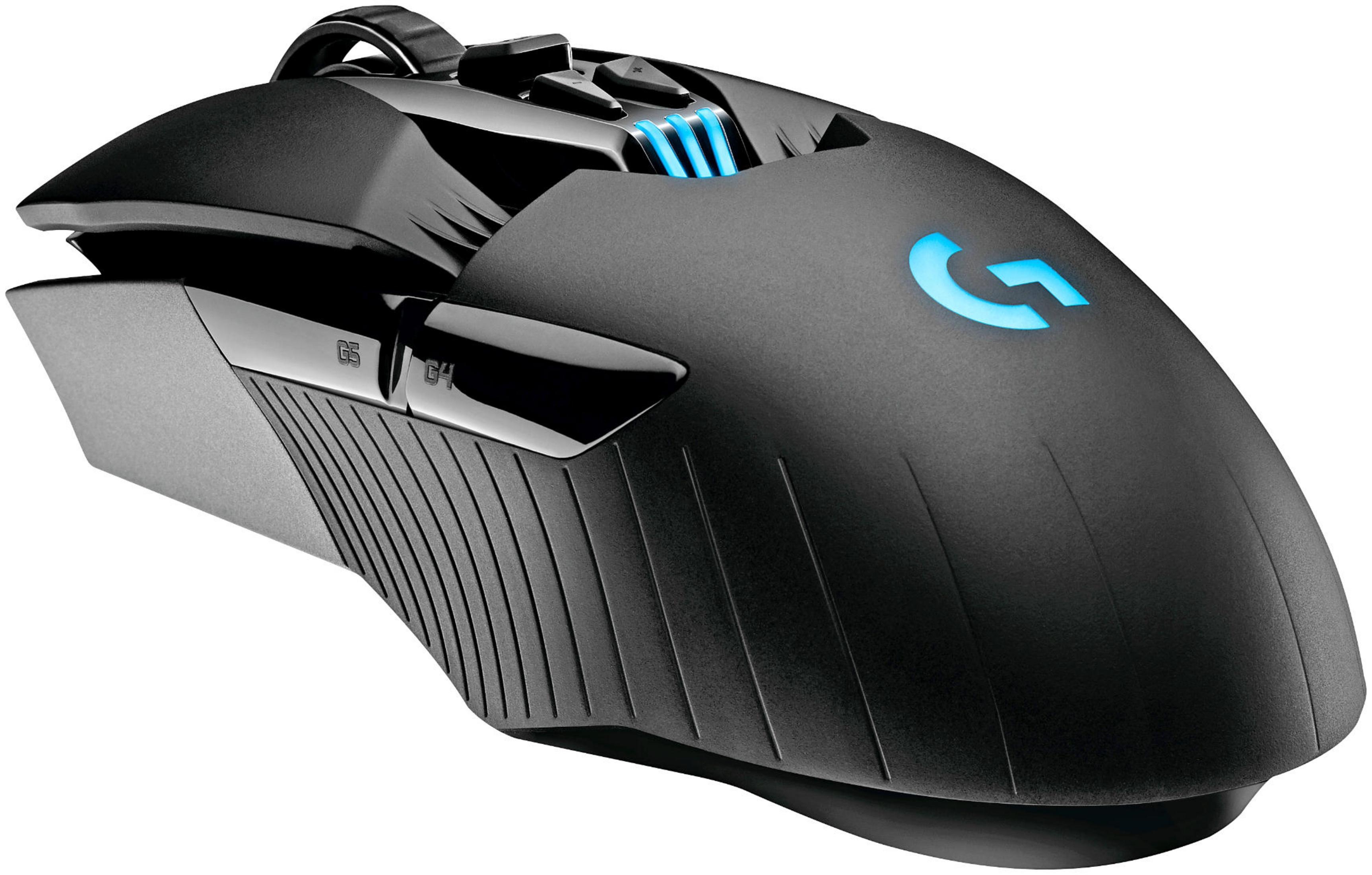 Schwarze Gaming-Maus mit blauen Lichtern und einem G-Logo.