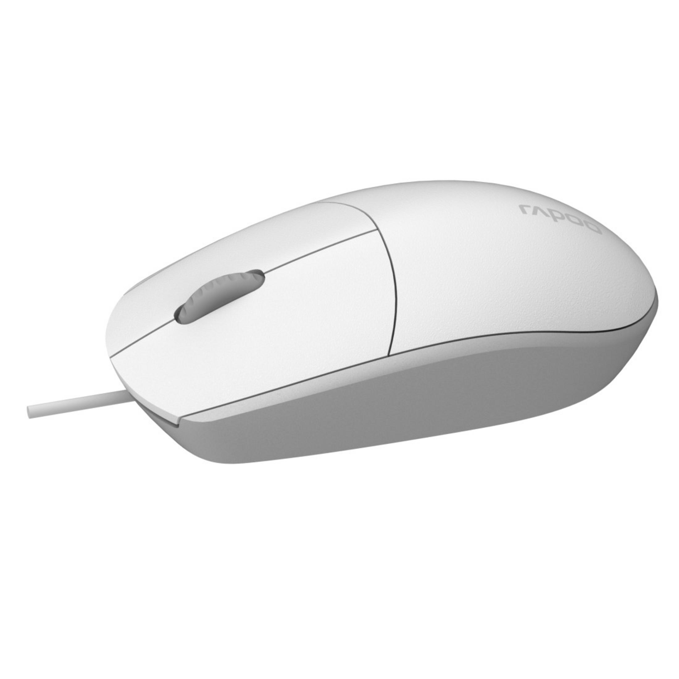 Mouse bianco con rotella grigia e cavo. Il marchio è Rapoo.