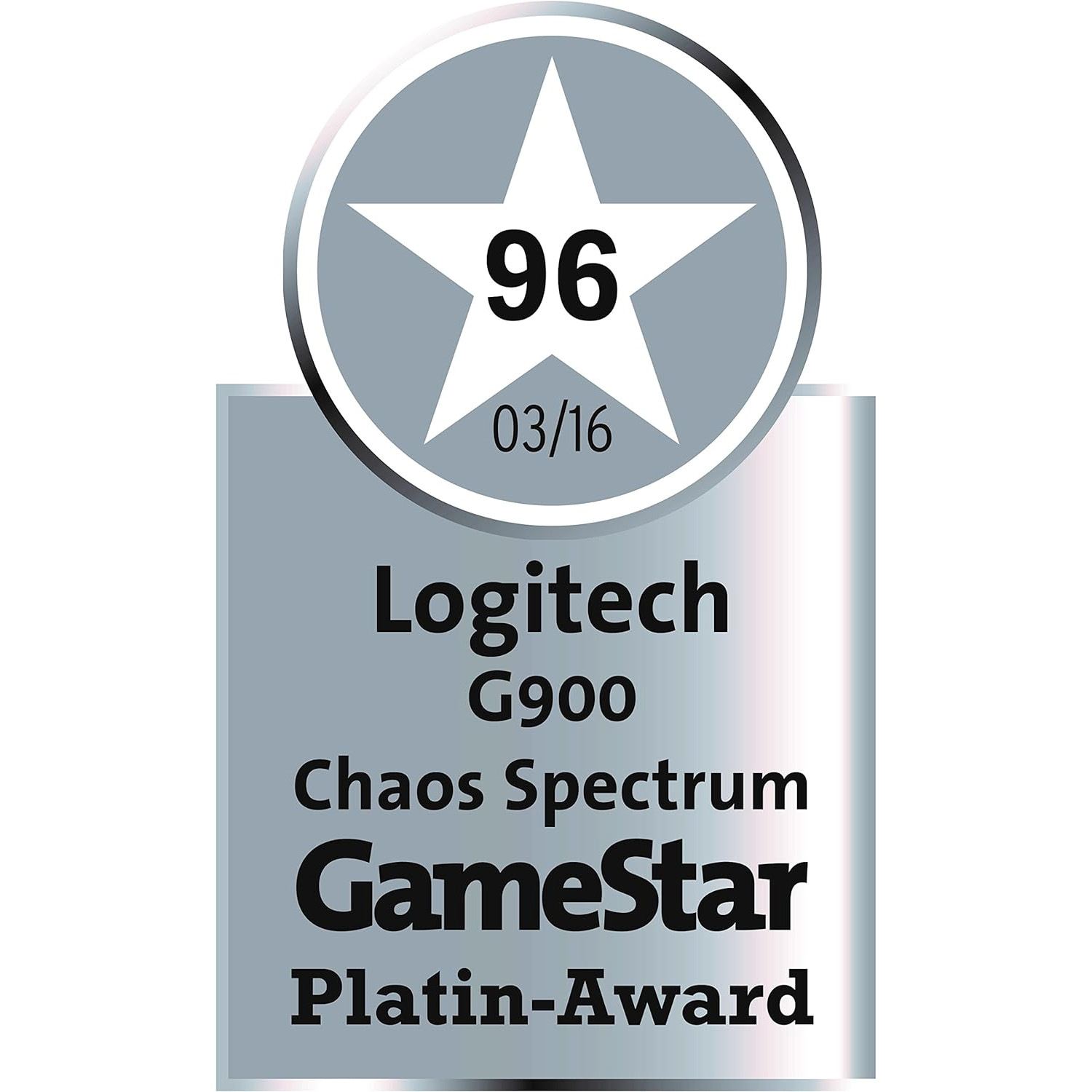 Eine graue GameStar-Auszeichnung mit einem weißen Stern und der Zahl 96. Sie ist für eine Logitech G900-Maus.