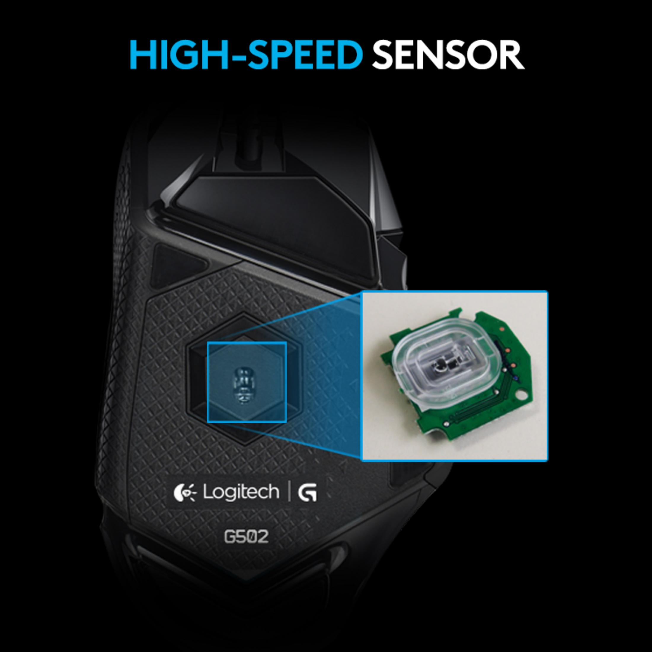 Nahaufnahme eines Maussensors. Er ist schwarz mit einem Logitech-Logo.