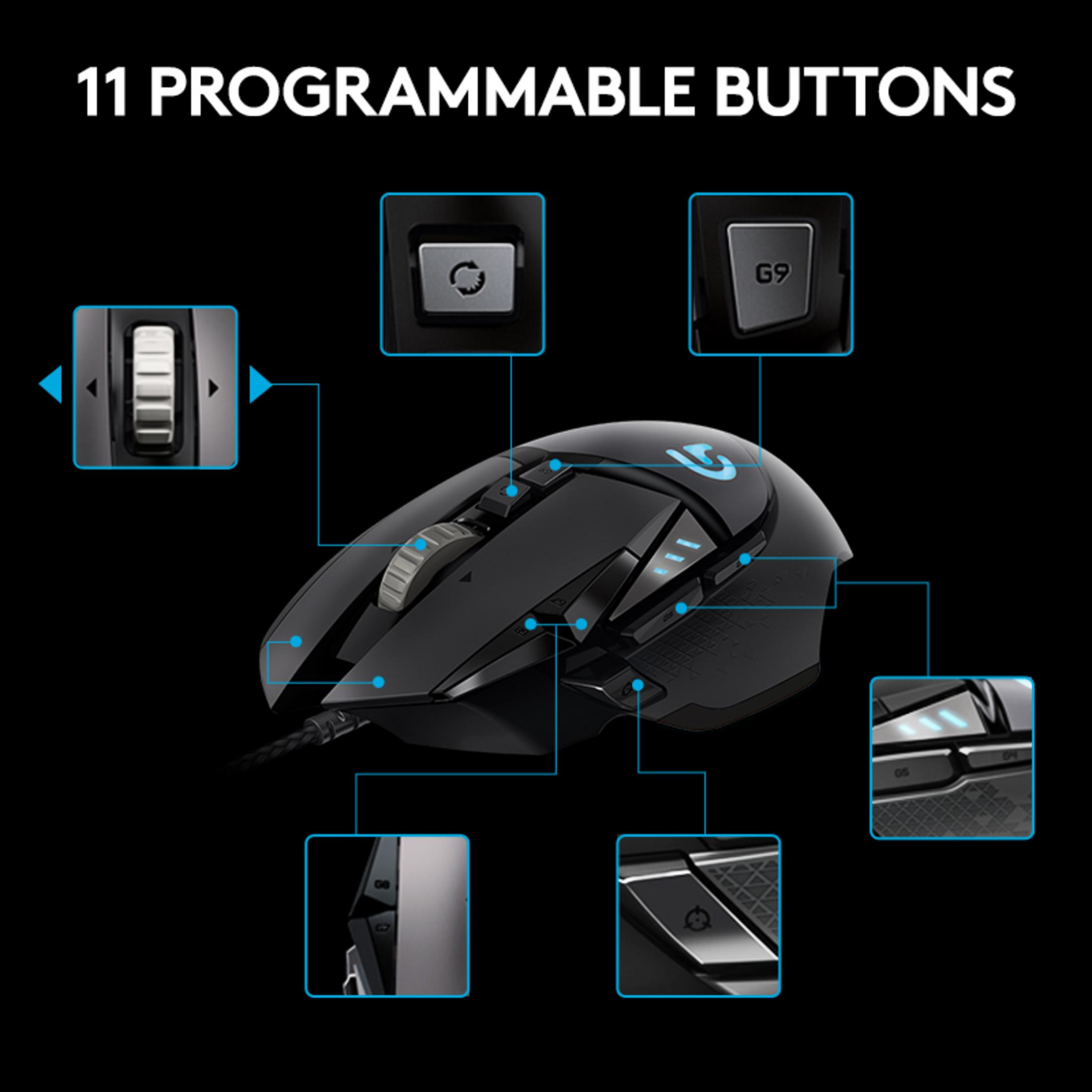 Schwarze Gaming-Maus mit 11 programmierbaren Tasten, beschriftet G9.