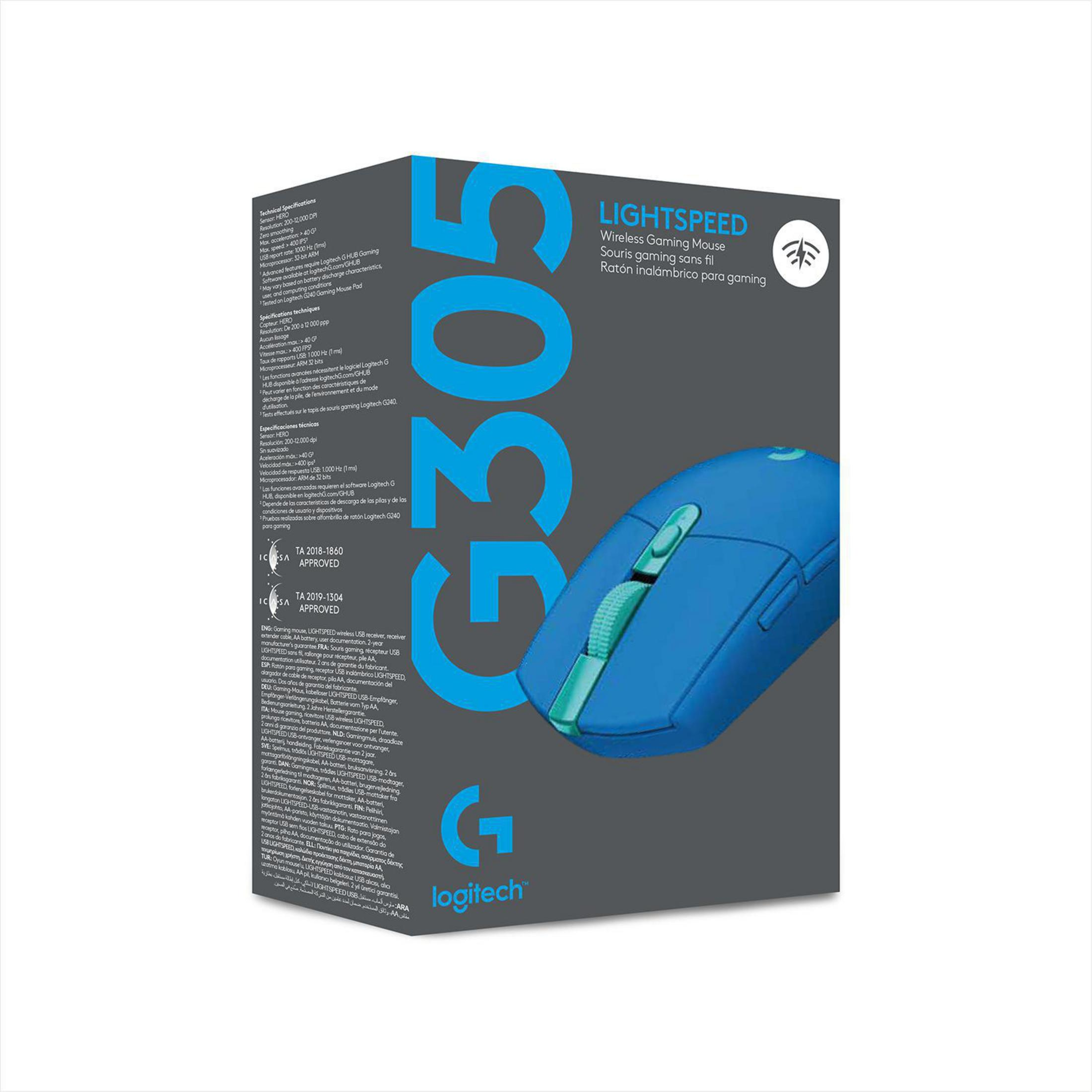 Niebiesko-czarna bezprzewodowa mysz gamingowa Logitech G305 z opakowaniem w tle.