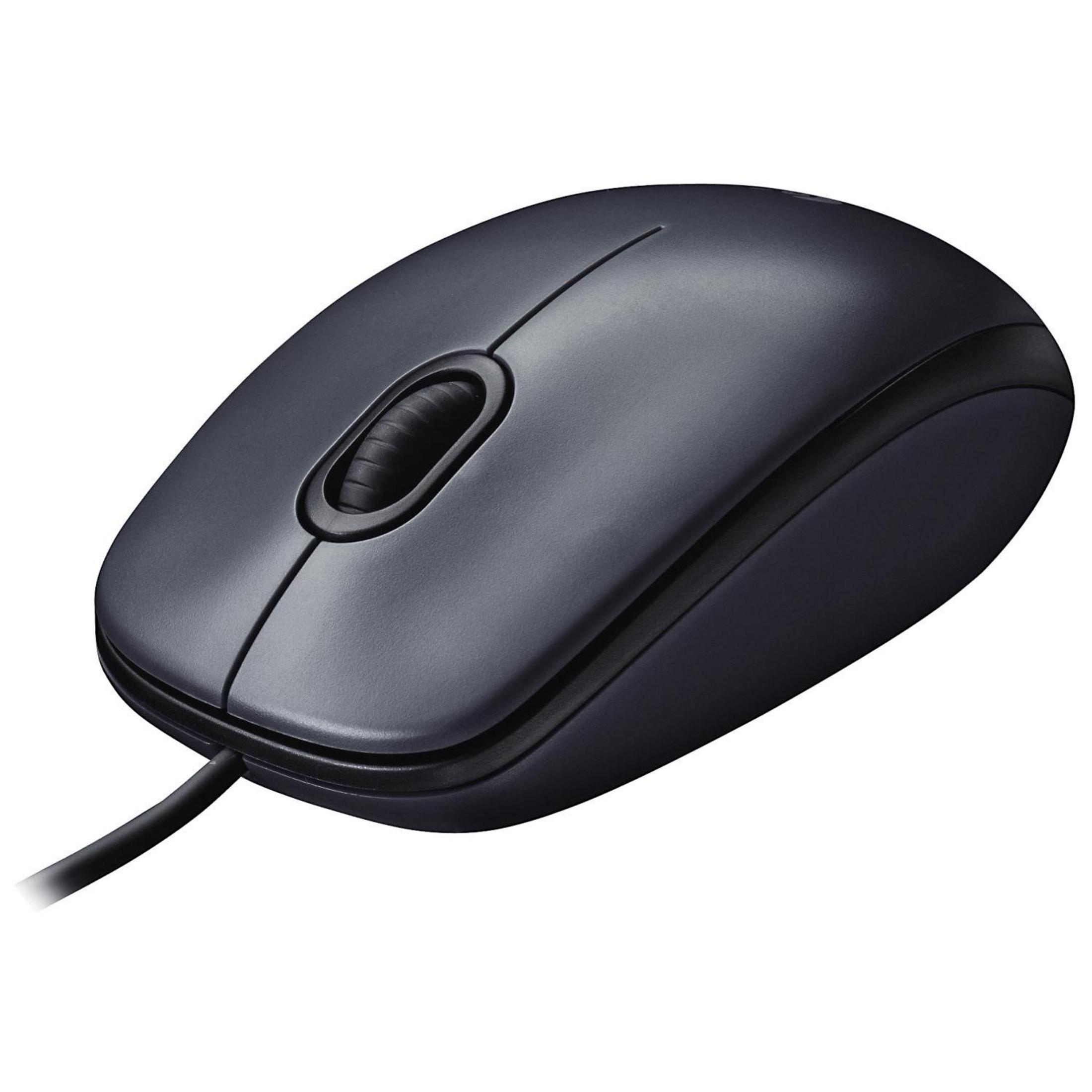 Ratón de ordenador negro con rueda de desplazamiento. Está sobre un fondo blanco.