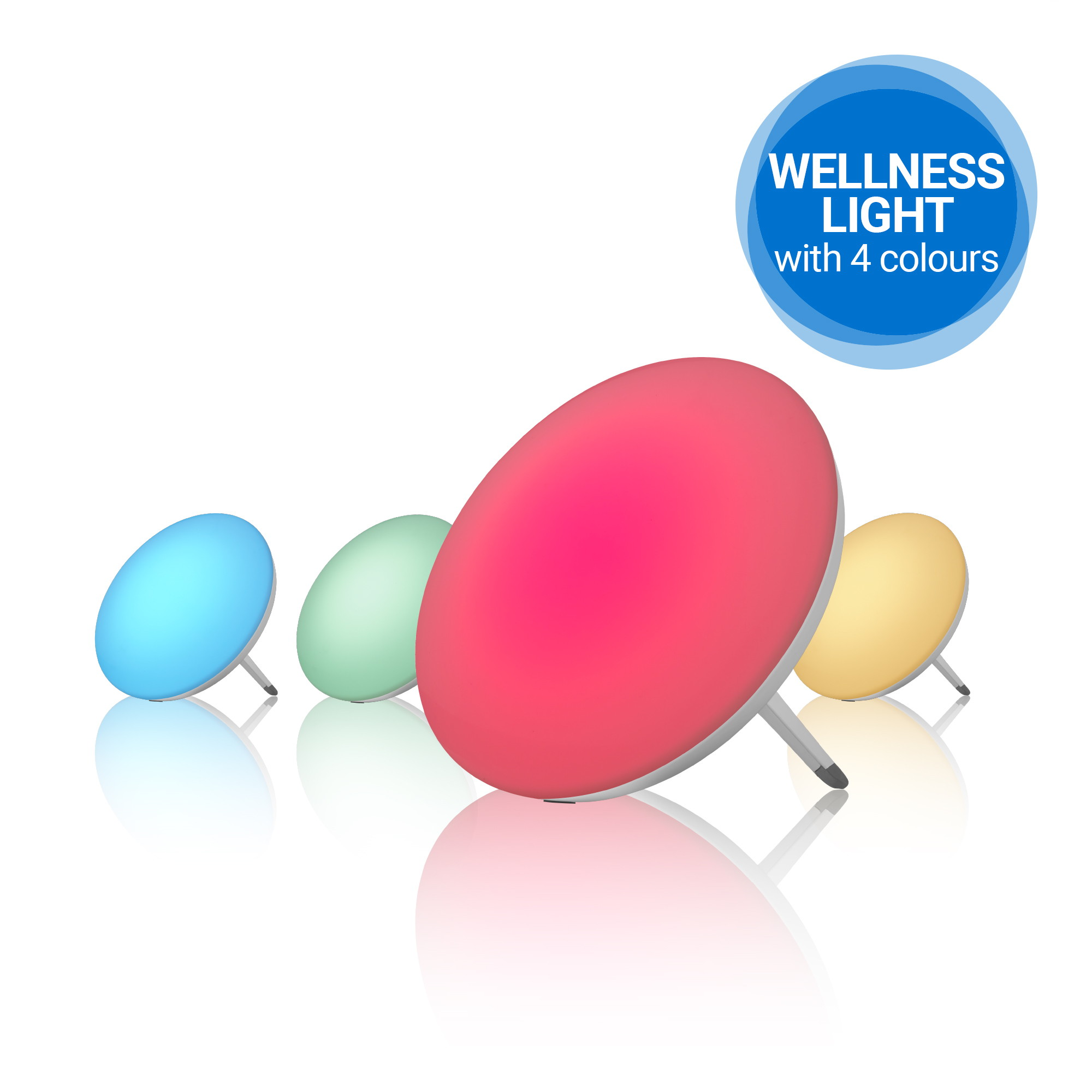 Vier farbige Wellness-Leuchten, jede in einer anderen Farbe, auf weißem Hintergrund.