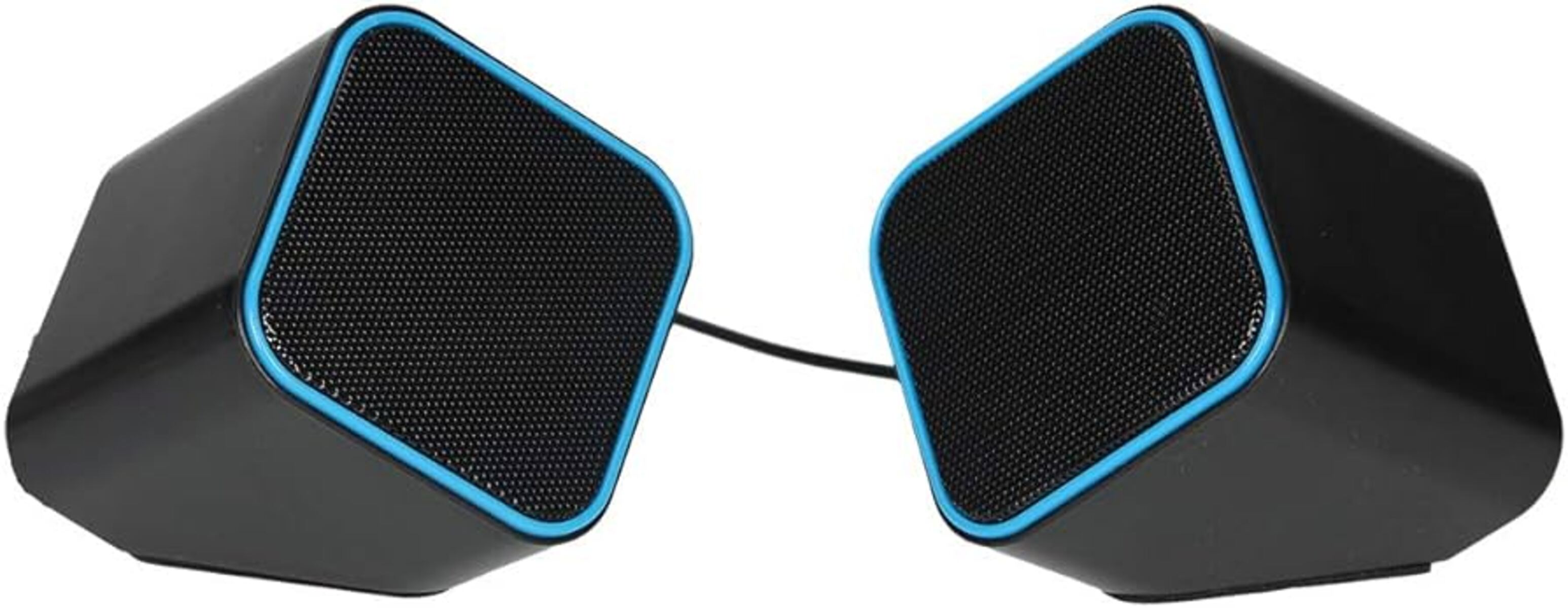 Dos altavoces negros con bordes azules, conectados por un cable negro.