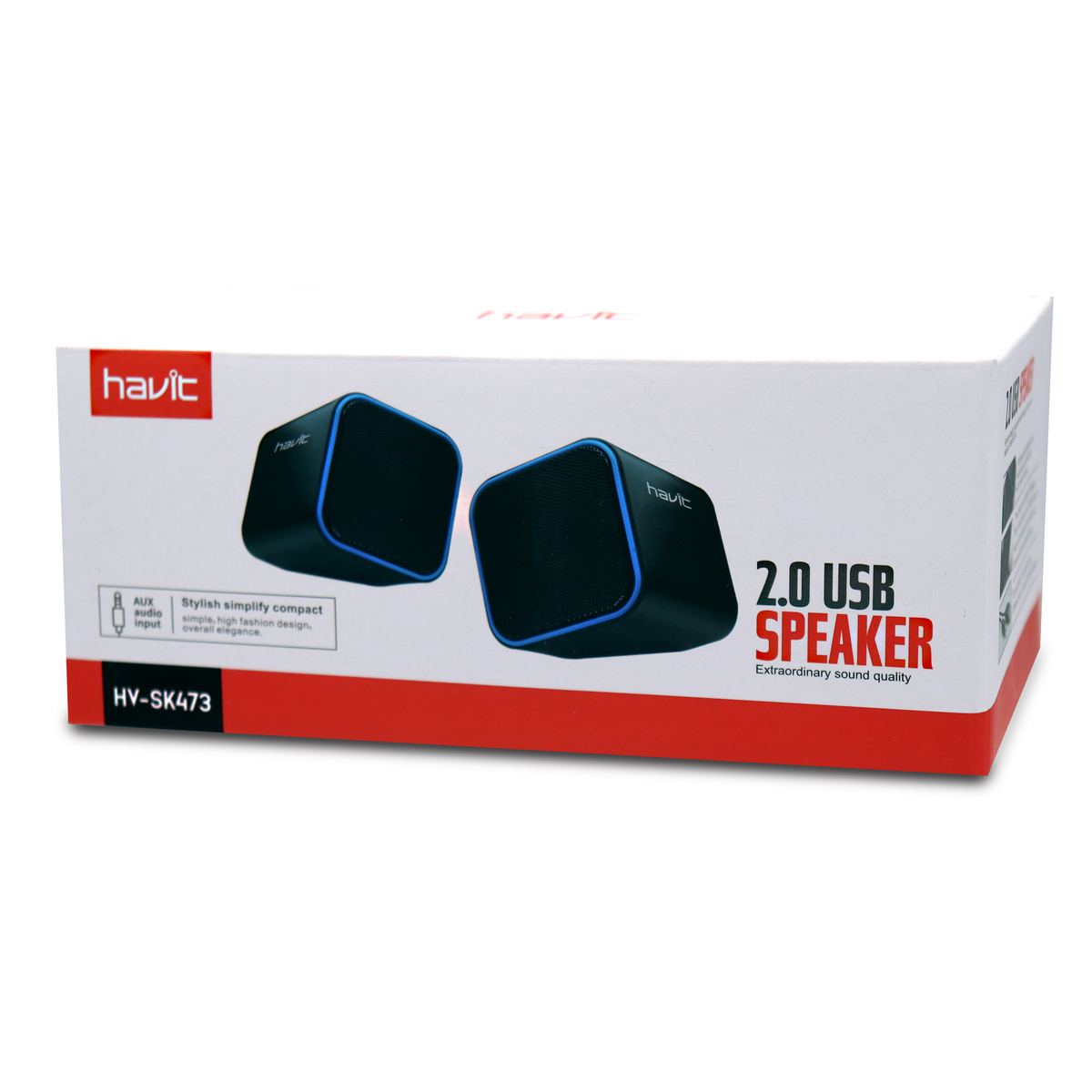 Caja de altavoces con dos altavoces. El texto en la caja dice '2.0 USB SPEAKER'.