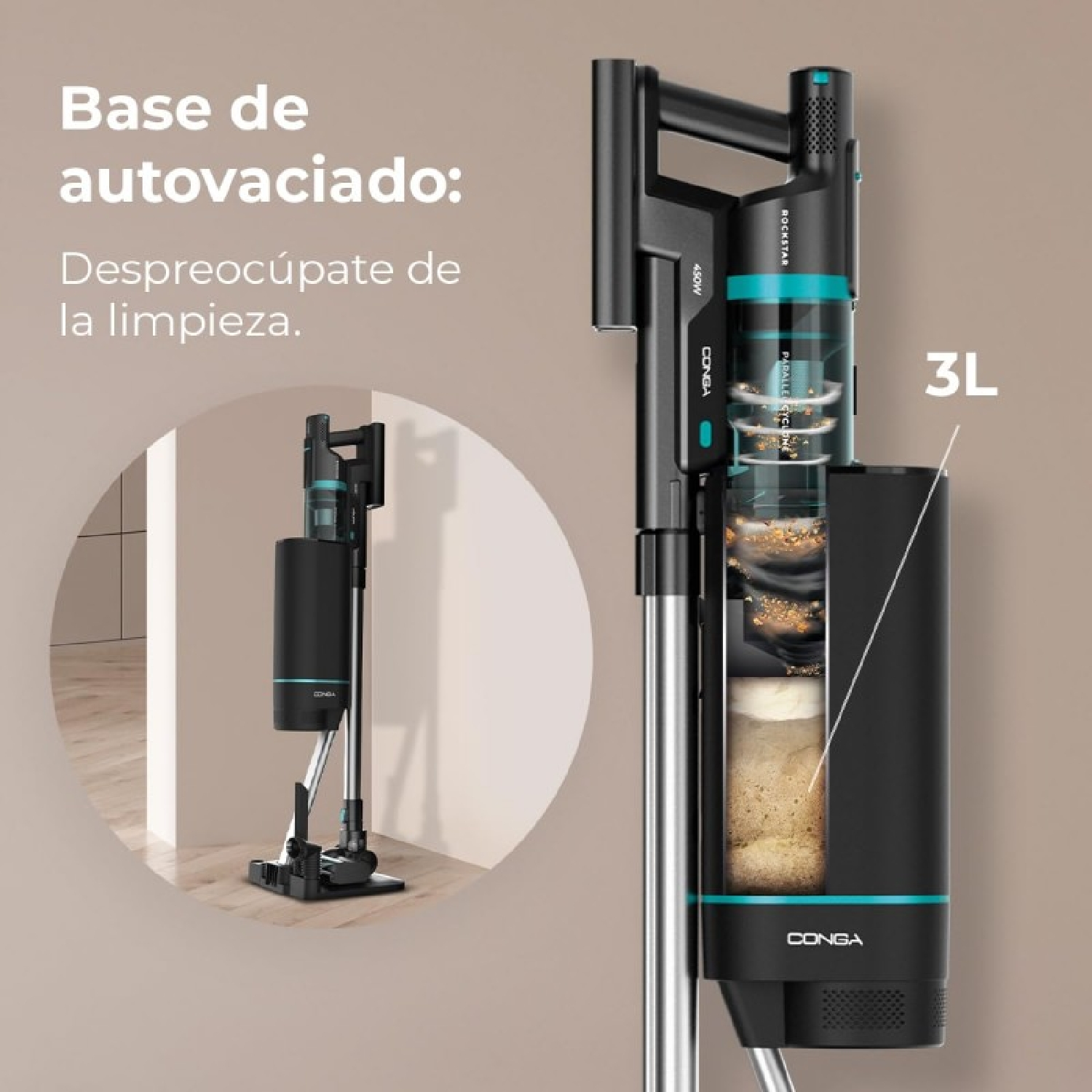 Aspirapolvere nero con contenitore della polvere trasparente. Testo: Base de autovaciado, Despreocúpate de la limpieza.