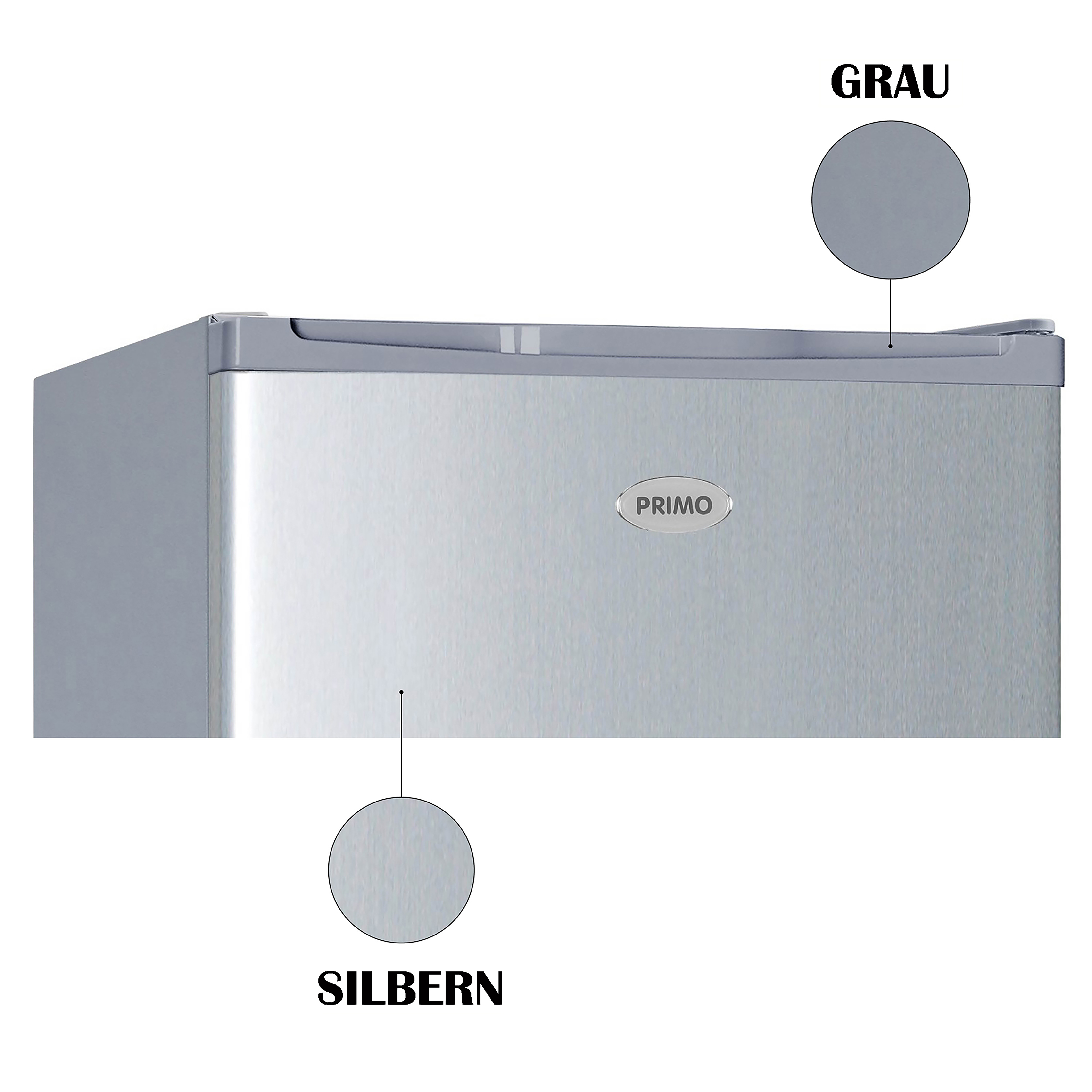 Close-up of a silver refrigerator. Labels indicate the colors silver and gray. The brand name is PRIMO.