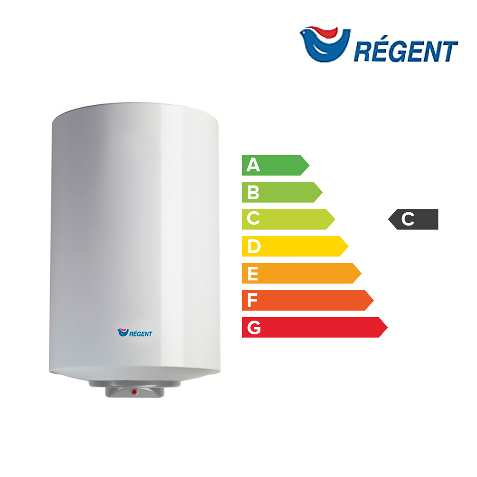 Calentador de agua blanco con etiquetas de eficiencia energética. Logotipo de la marca Regent.