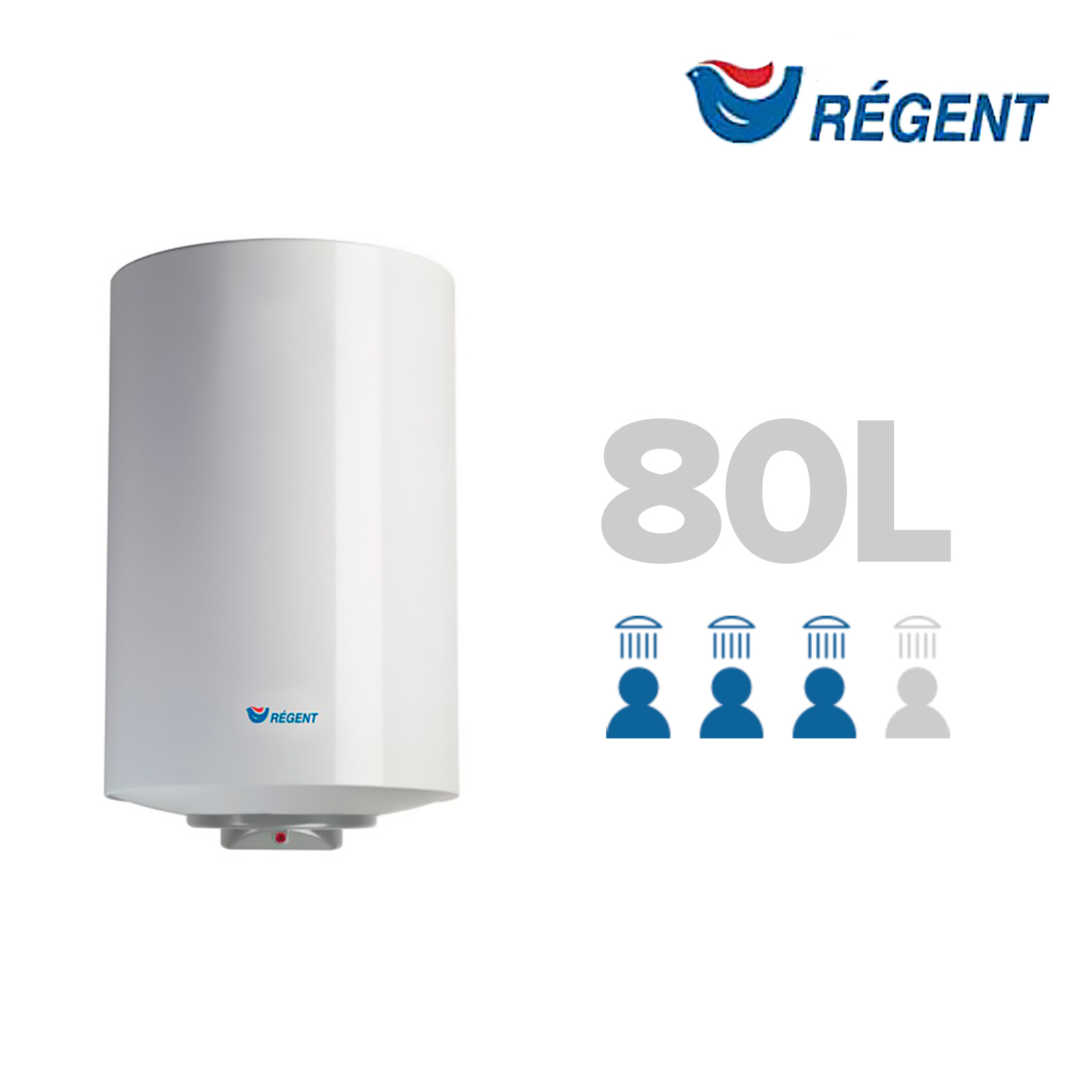 Calentador de agua blanco con texto '80L', logo Regent y cuatro iconos de ducha.