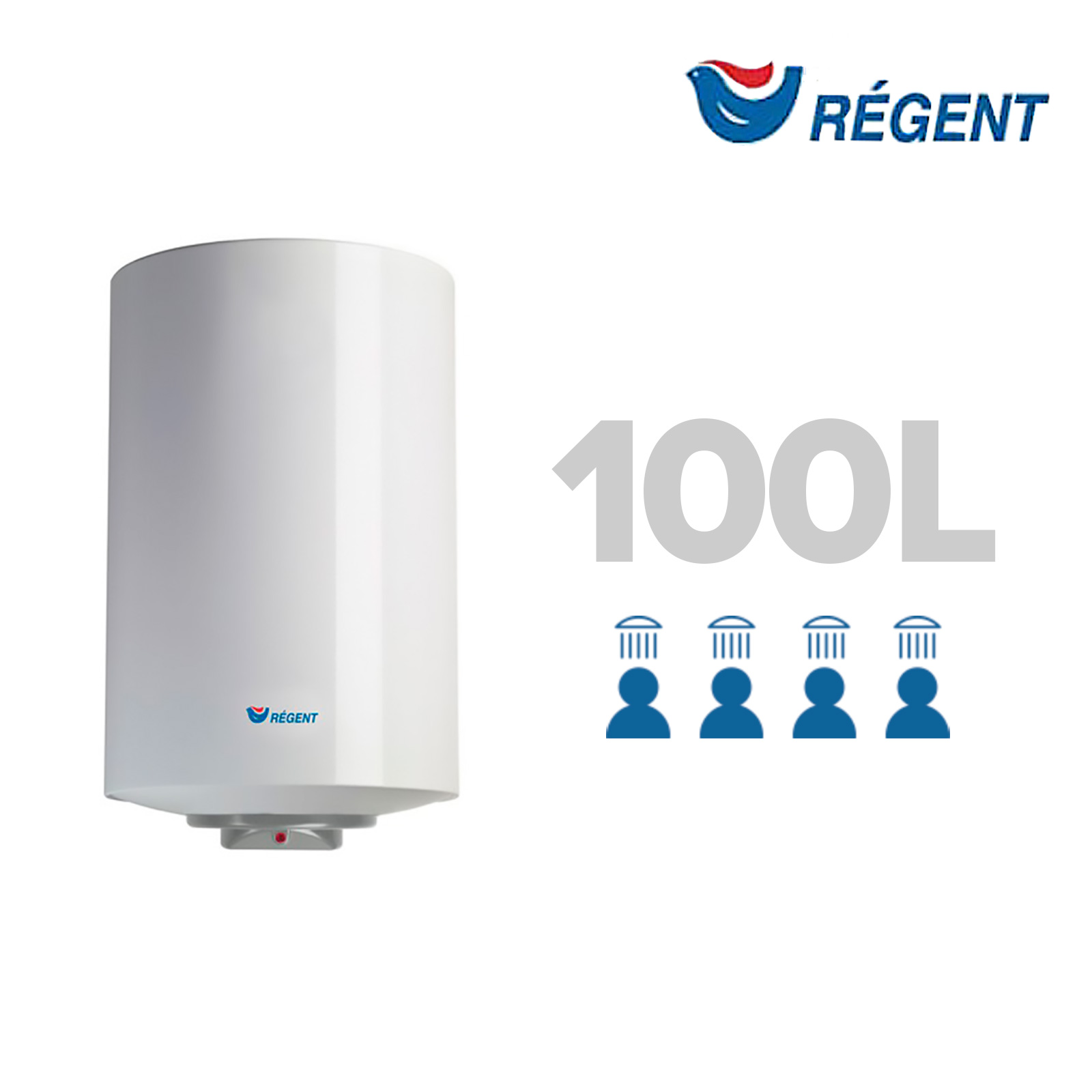 Calentador de agua blanco con logo Regent y el texto 100L.