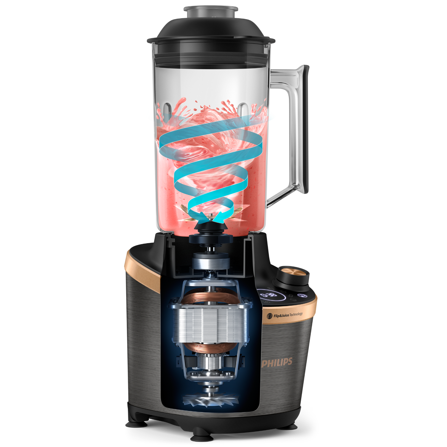 Blender z przekrojem pokazującym elementy wewnętrzne. Różowy płyn wiruje w środku.