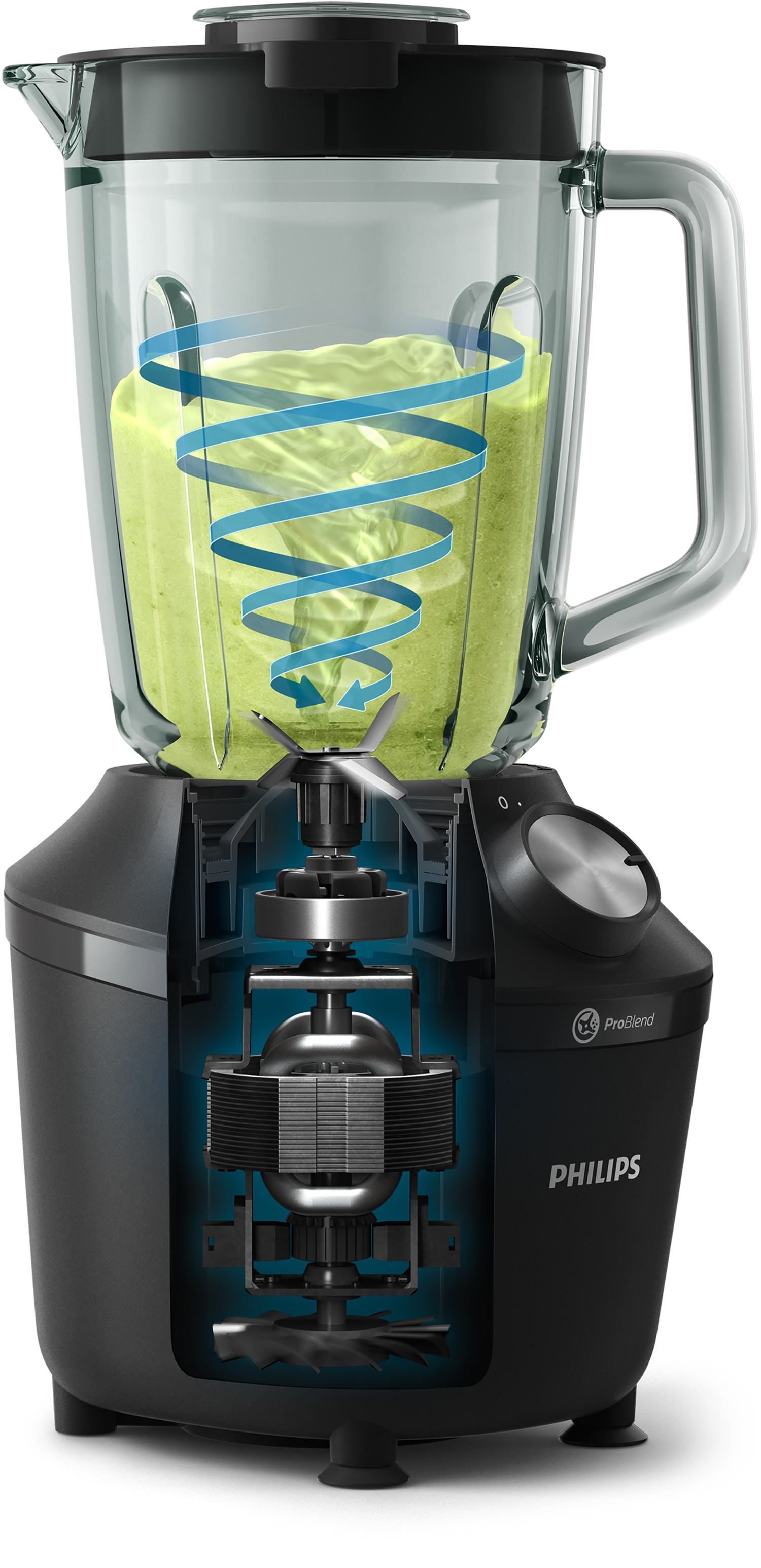 Blender z widokiem przekrojowym, pokazującym wewnętrzne elementy i zielony koktajl.