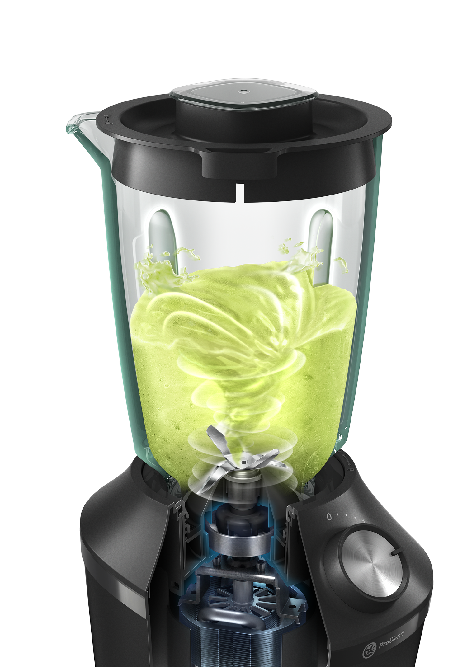 Widok przekroju blendera, pokazujący mieszanie zielonej cieczy, z czarną podstawą i sterowaniem.