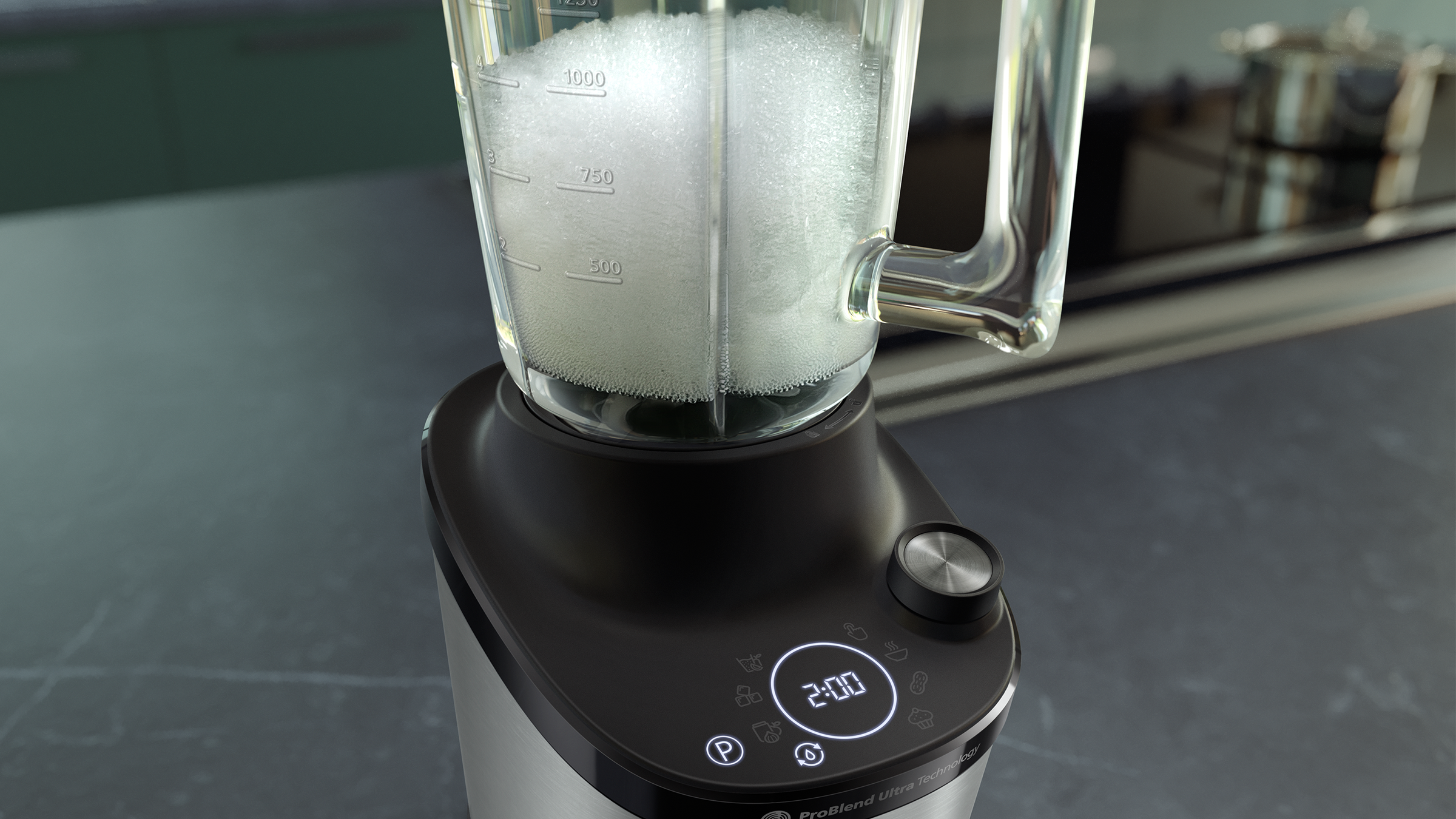 Mixer mit Glasbehälter gefüllt mit weißer Substanz. Die Basis ist silber und hat ein Display.