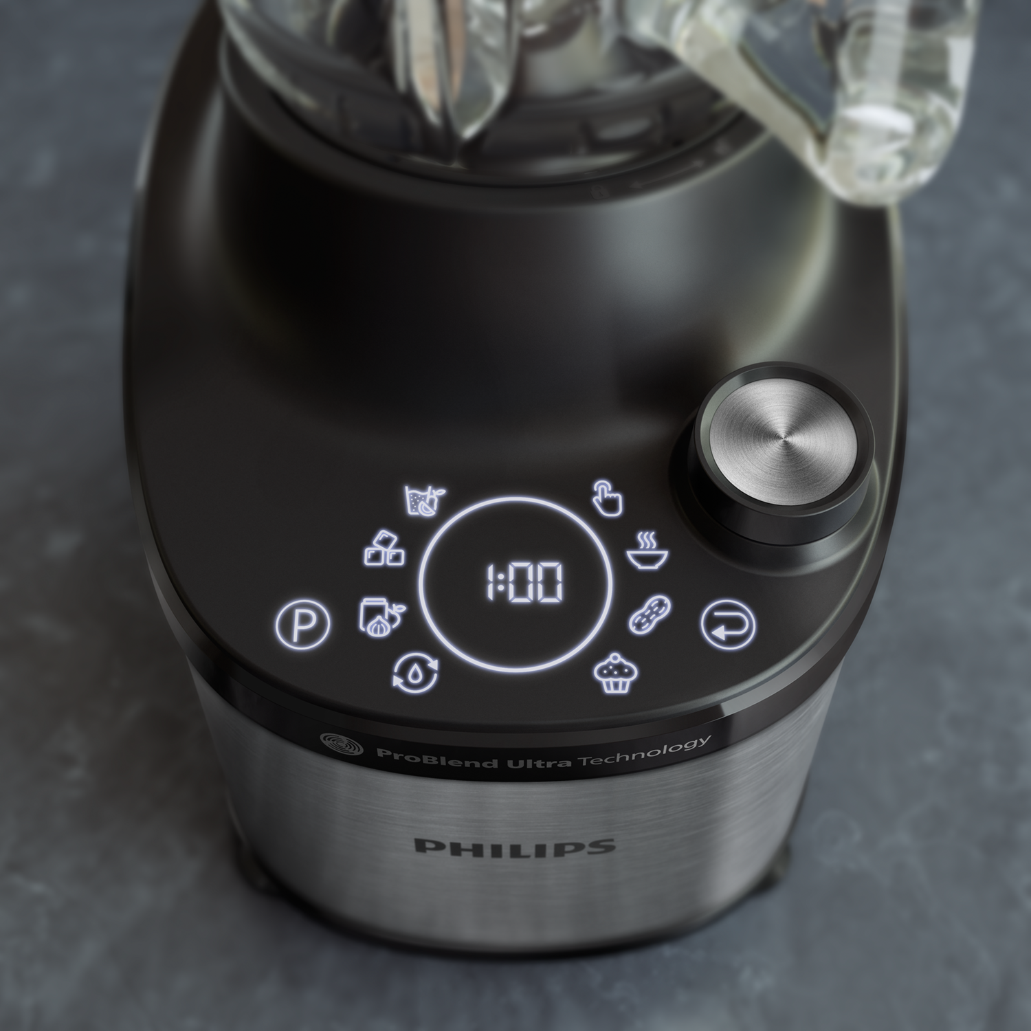 Nahaufnahme des Bedienfelds eines Mixers, das Einstellungen anzeigt.