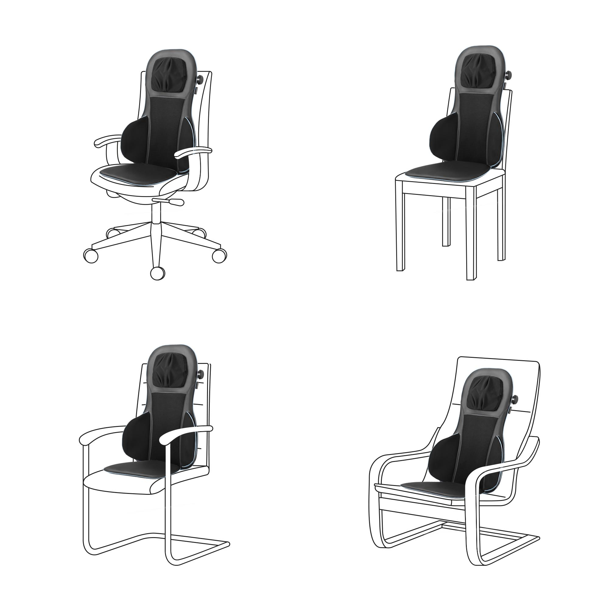 Poduszka do masażu do krzesła w czterech różnych typach krzeseł.