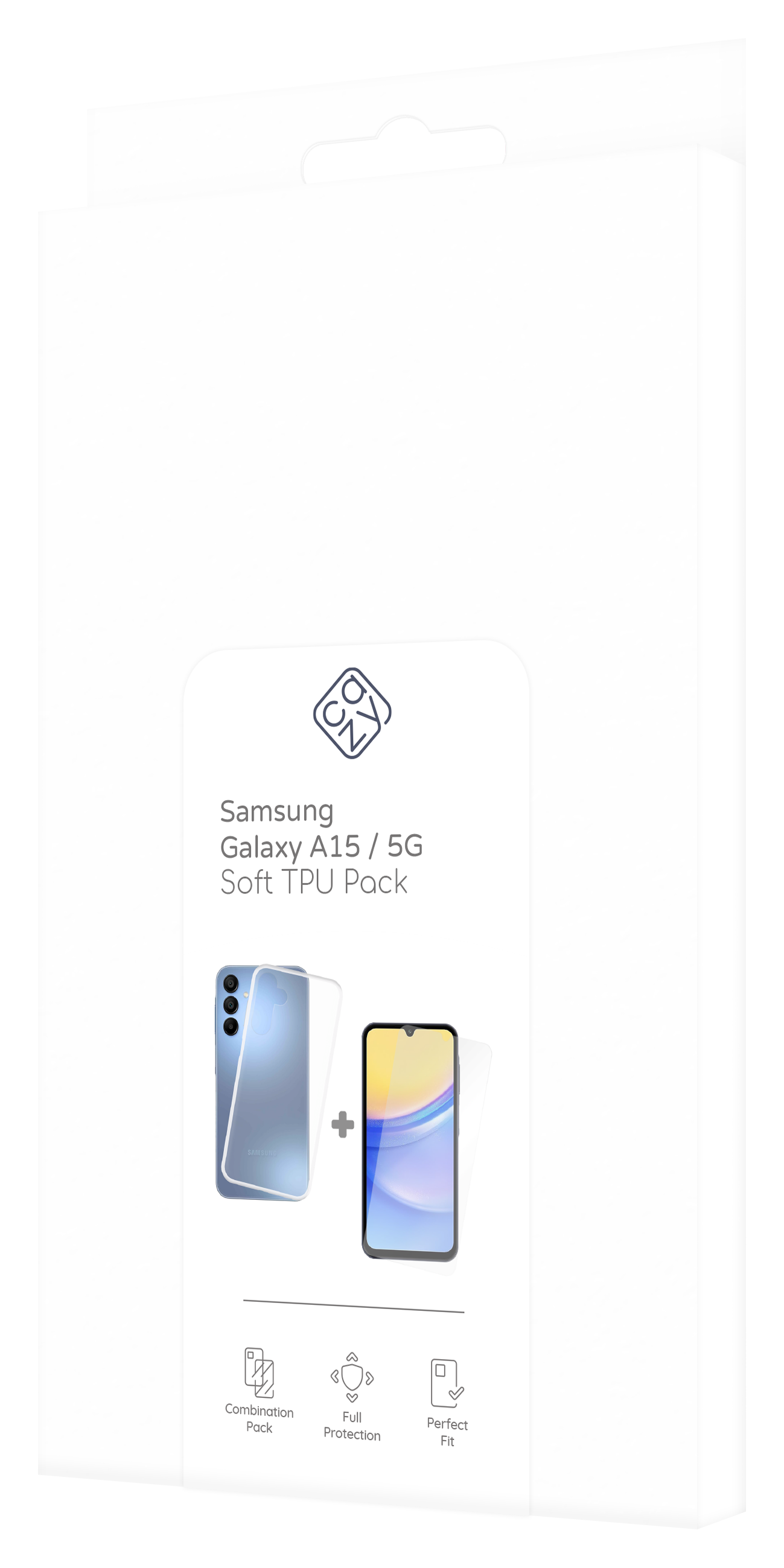 Verpackung für Displayschutzfolien mit Telefon- und Schutzfoliengrafik. Weißer Hintergrund.