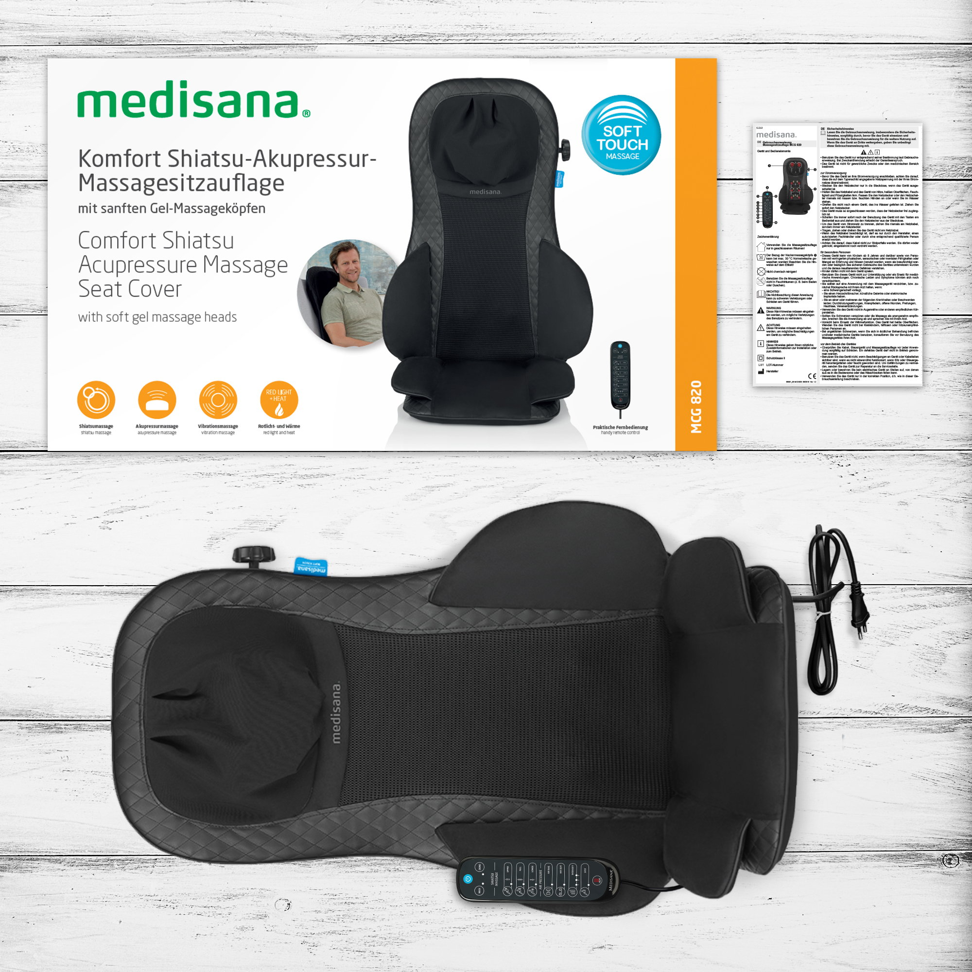 Una funda de asiento de masaje Medisana. La caja muestra a un hombre usándolo. El asiento tiene un mando a distancia.