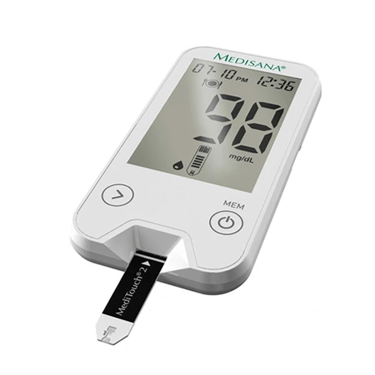 White Medisana blood glucose meter with display showing 98 mg/dL, with a test strip, on white background.