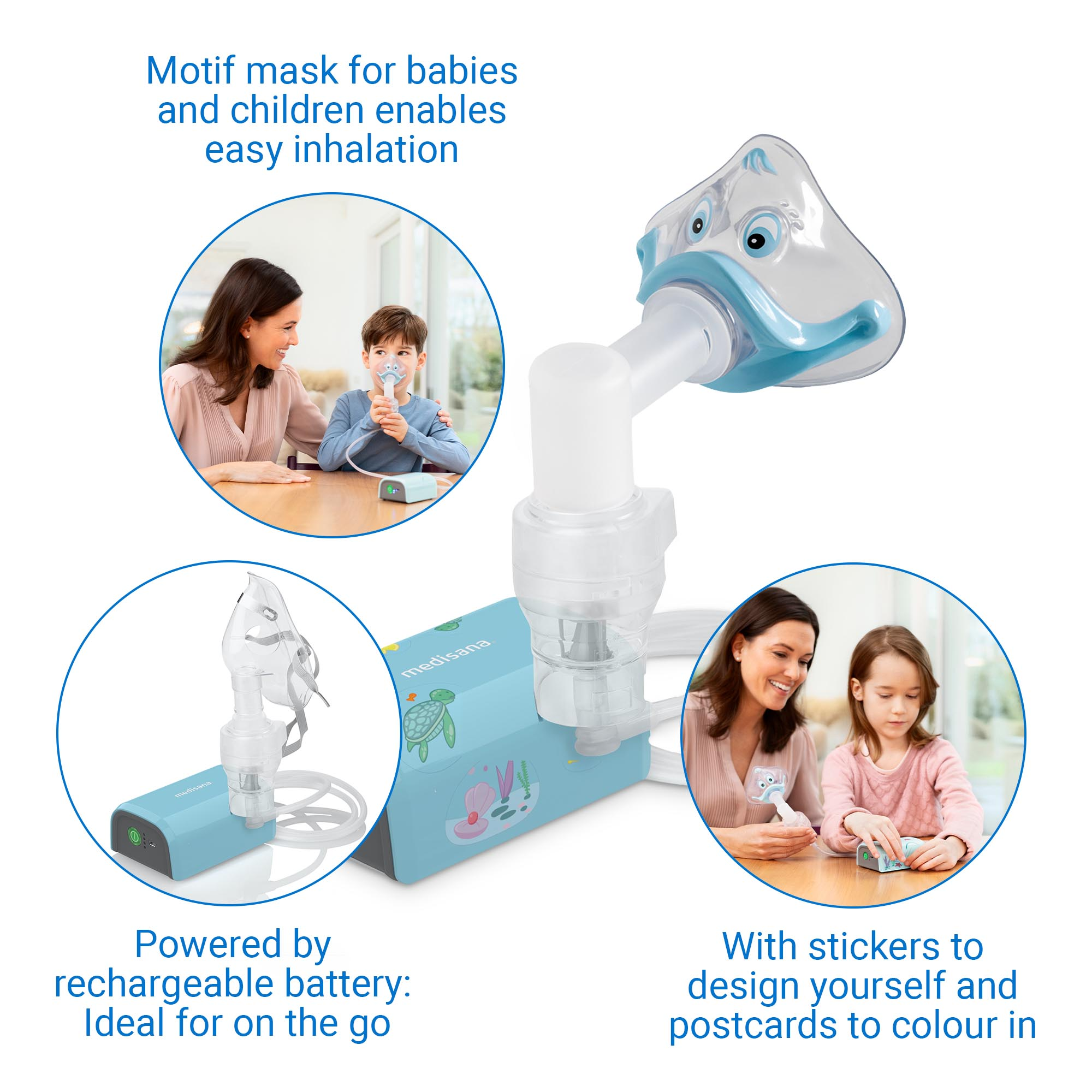 A nebulizer with a blue base and a mask, with illustrations of people using it and stickers for decoration.