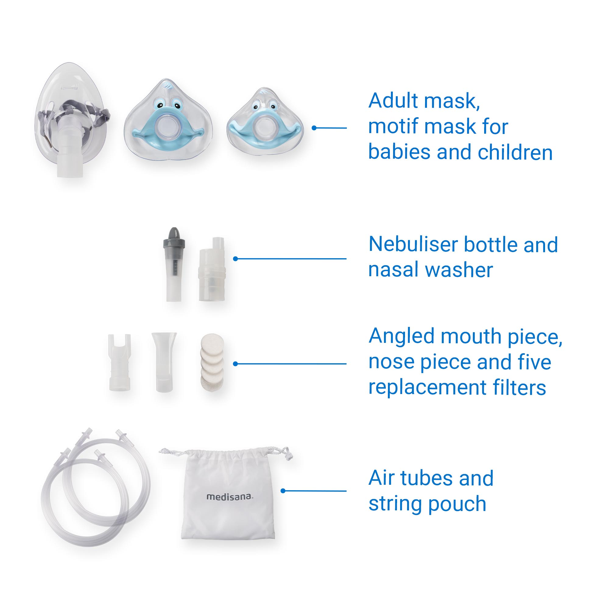 Medical equipment: masks, nebulizer, mouth piece, filters, tubes, and a pouch.