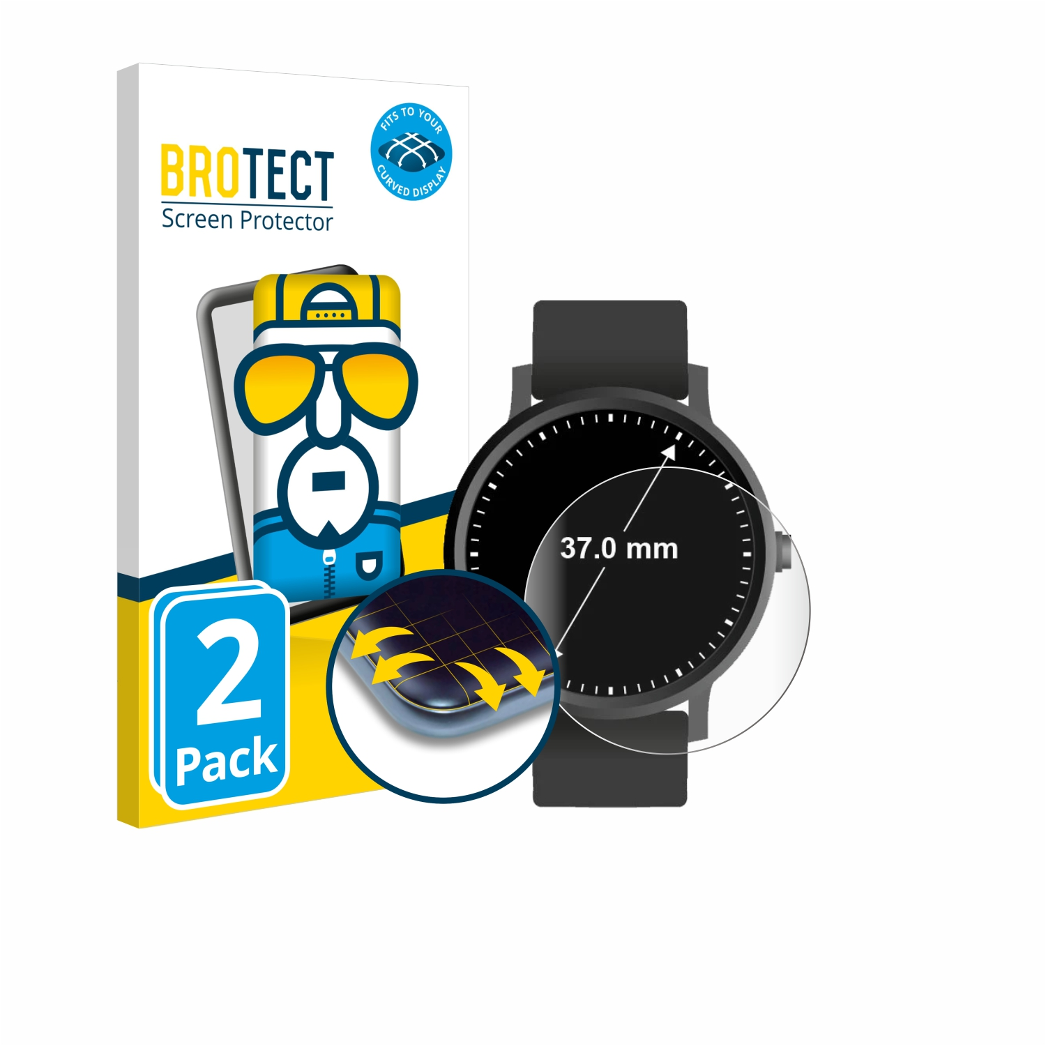 Eine Displayschutzbox und eine Smartwatch. Die Box ist weiß und gelb. Die Uhr zeigt die Zeit an.