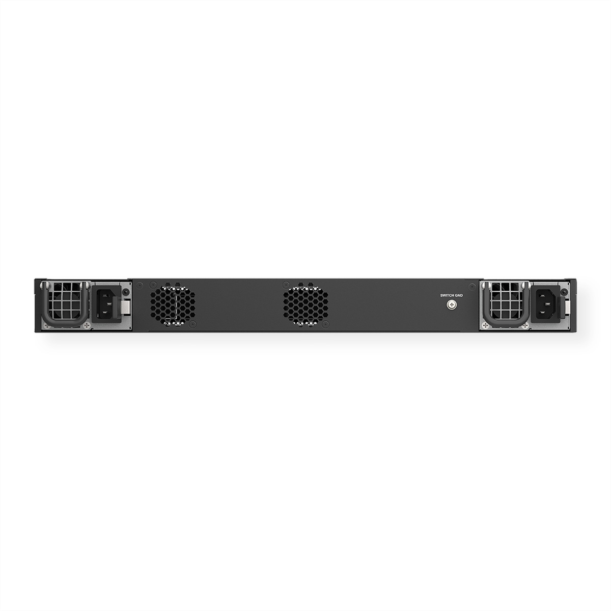 Un dispositivo elettronico nero con più porte, probabilmente uno switch di rete, visto da dietro.