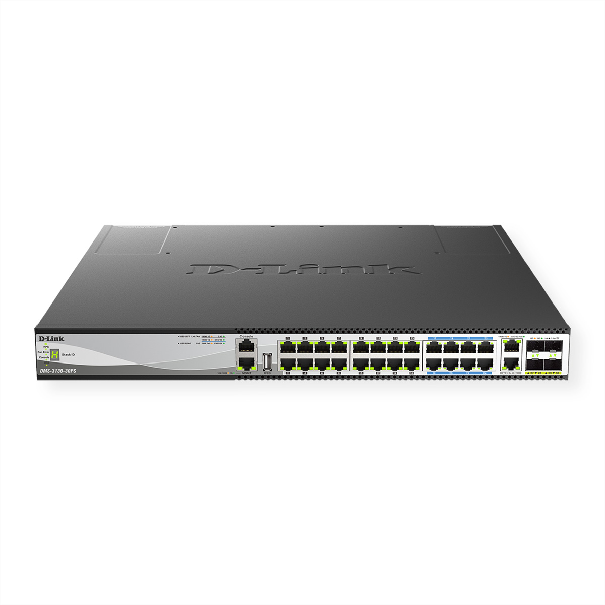 Uno switch di rete D-Link. Ha molte porte e un pannello frontale con luci ed etichette.