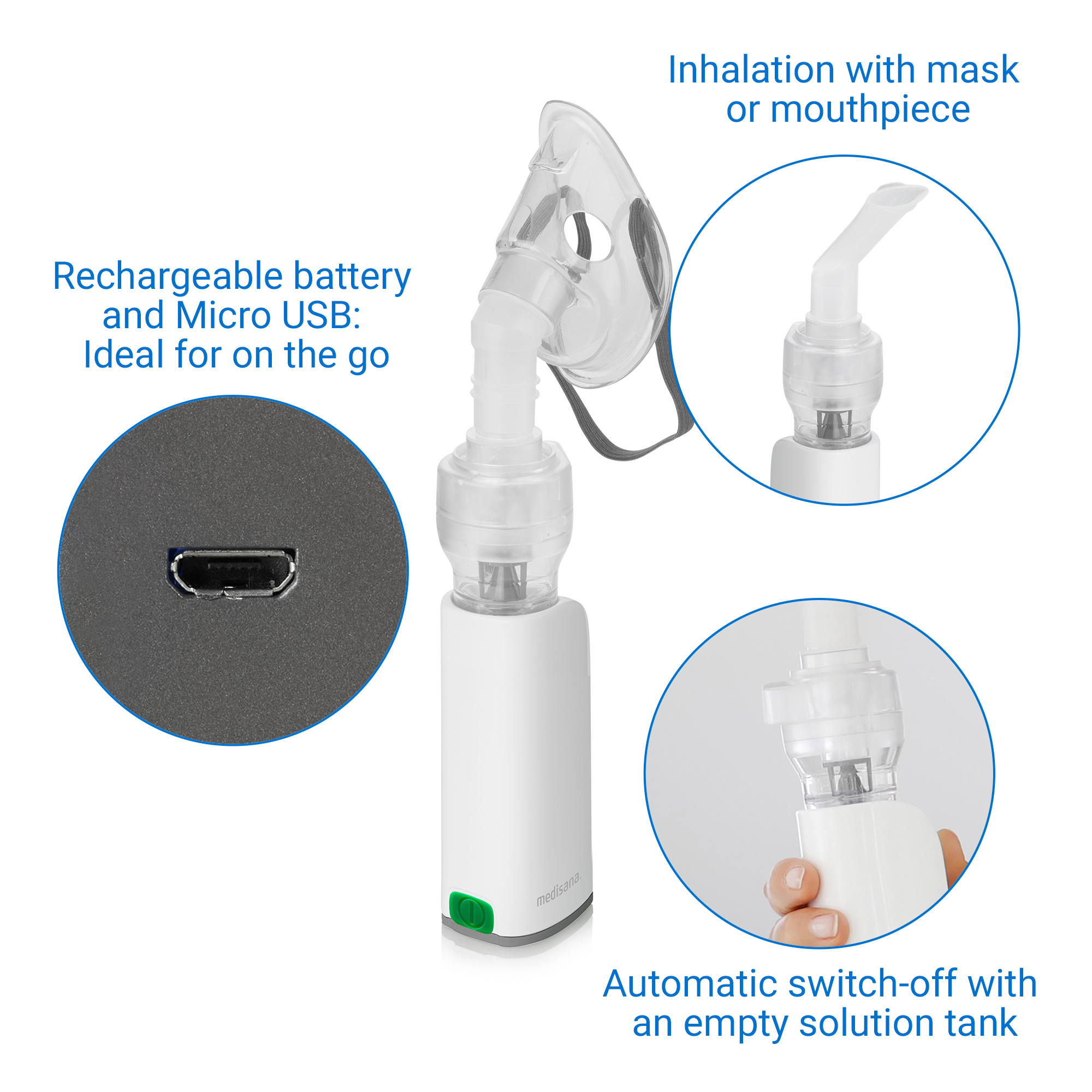 A white medical nebulizer with a mask and mouthpiece. Shows a USB port. Text: Inhalation with mask.