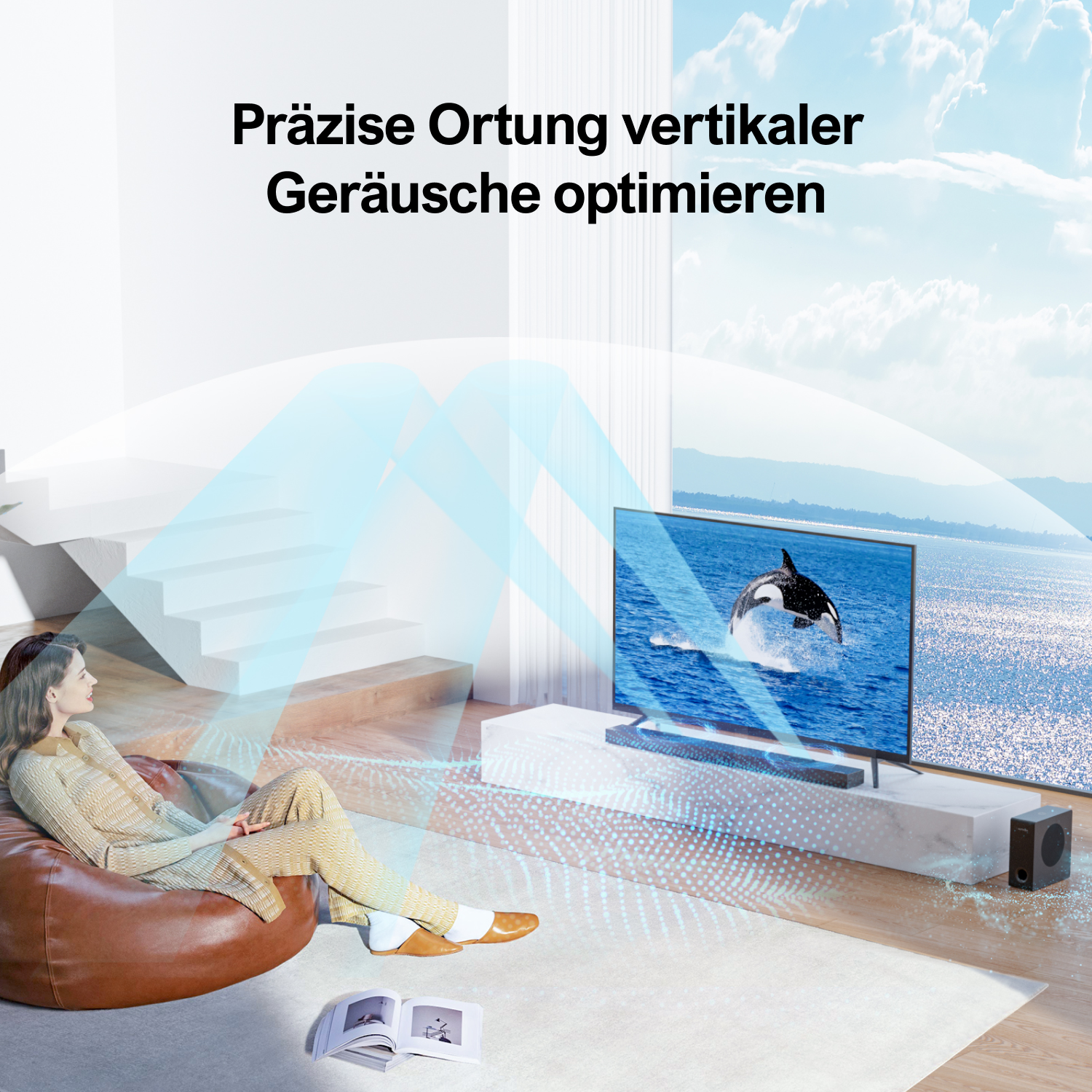 Eine Frau sitzt auf einem braunen Sitzsack und schaut einen Wal, der auf einem Fernsehbildschirm springt.