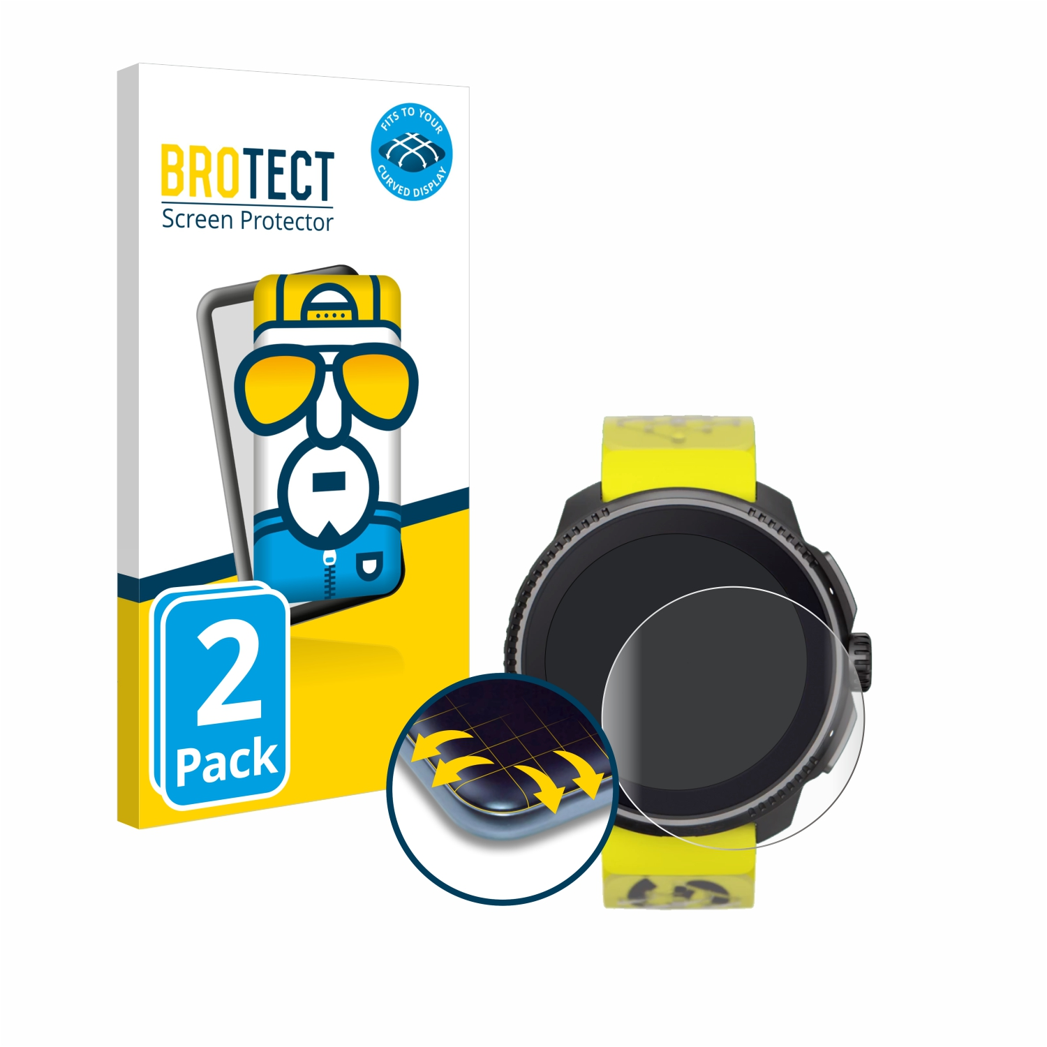 Uhr mit Displayschutzfolie und Verpackung. Uhr ist schwarz und gelb. Weißer Hintergrund.