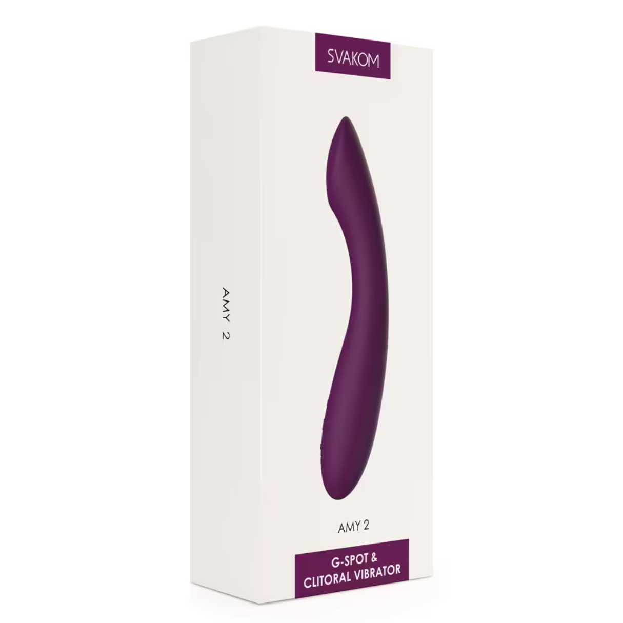 Weiße Box mit einem lila Vibrator. Auf der Box steht 'SVAKOM' und 'AMY 2'.