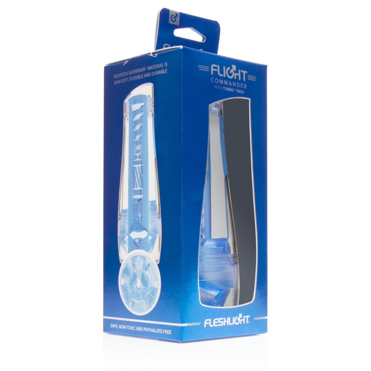 Eine blau-weiße Box mit transparentem Fenster. Sie enthält ein Sexspielzeug mit blau-weißem Design.