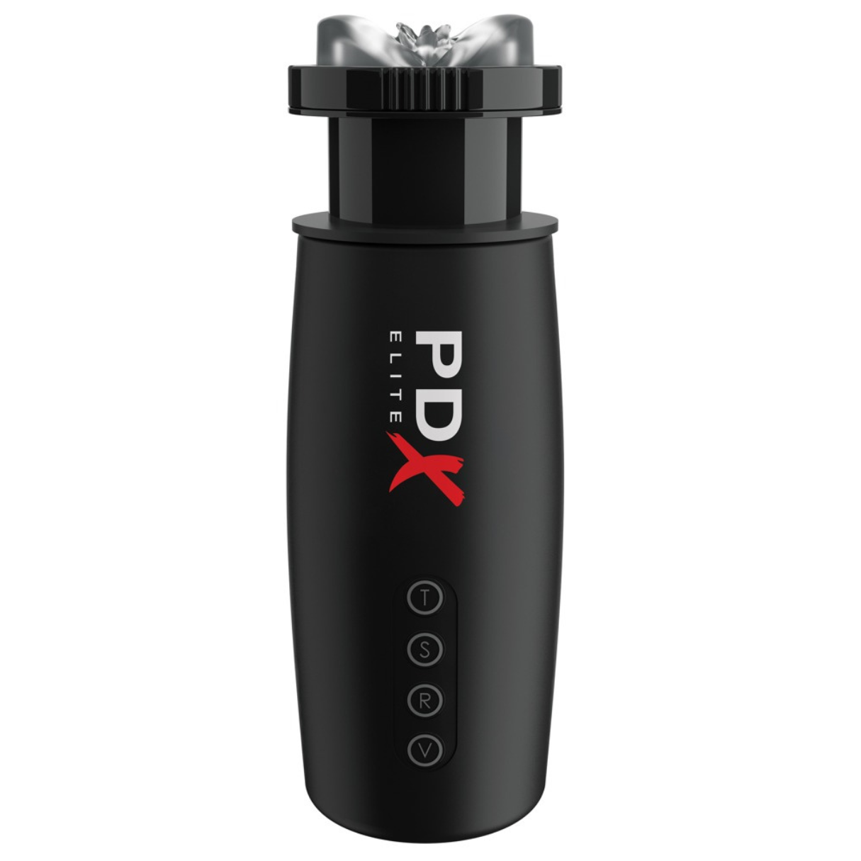 Sex toy nero con la scritta "PDX ELITE" in rosso. Ha tre pulsanti e una testa strutturata.