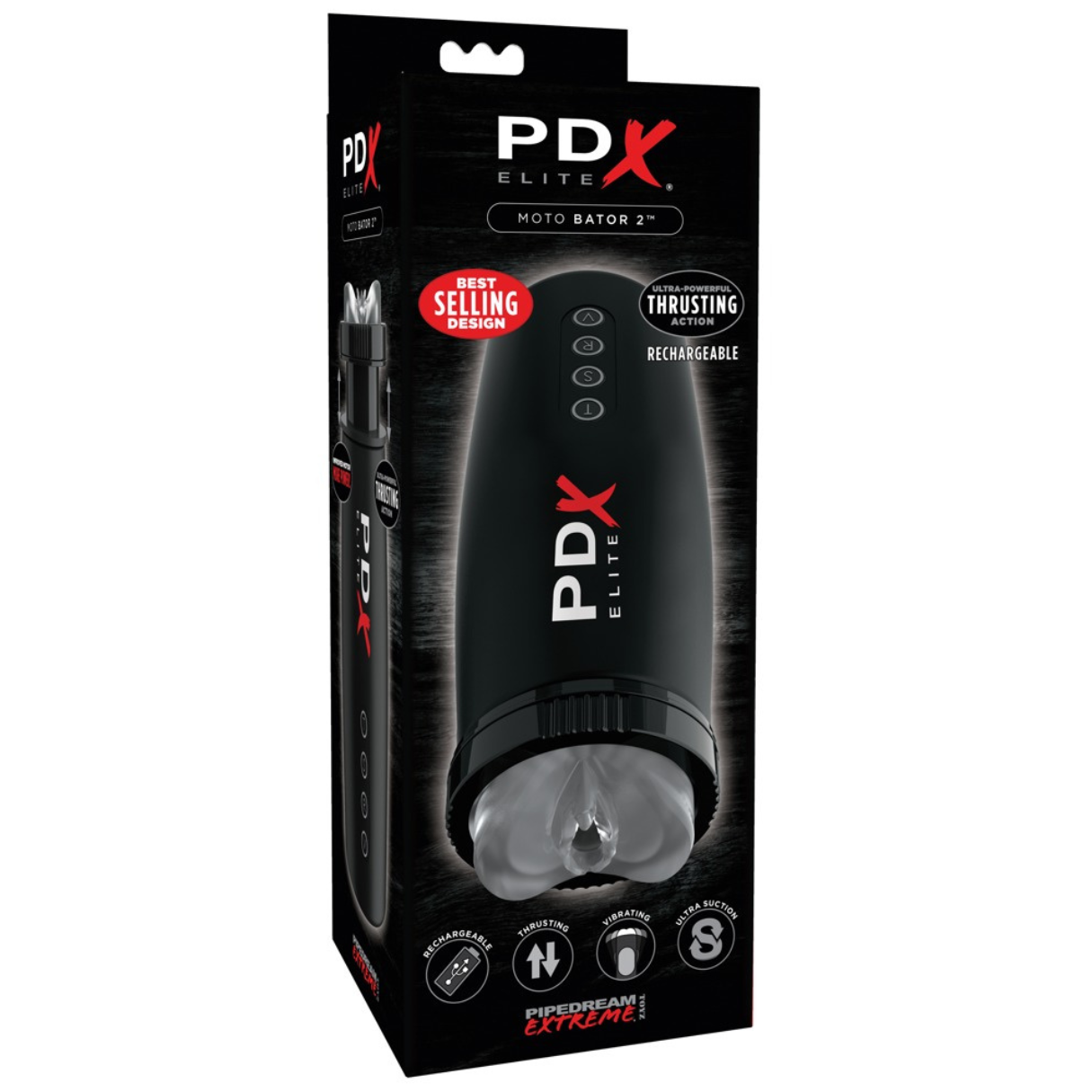 PDX Elite Moto Bator 2, dispositivo nero in scatola, con testo e immagini. Sfondo bianco.