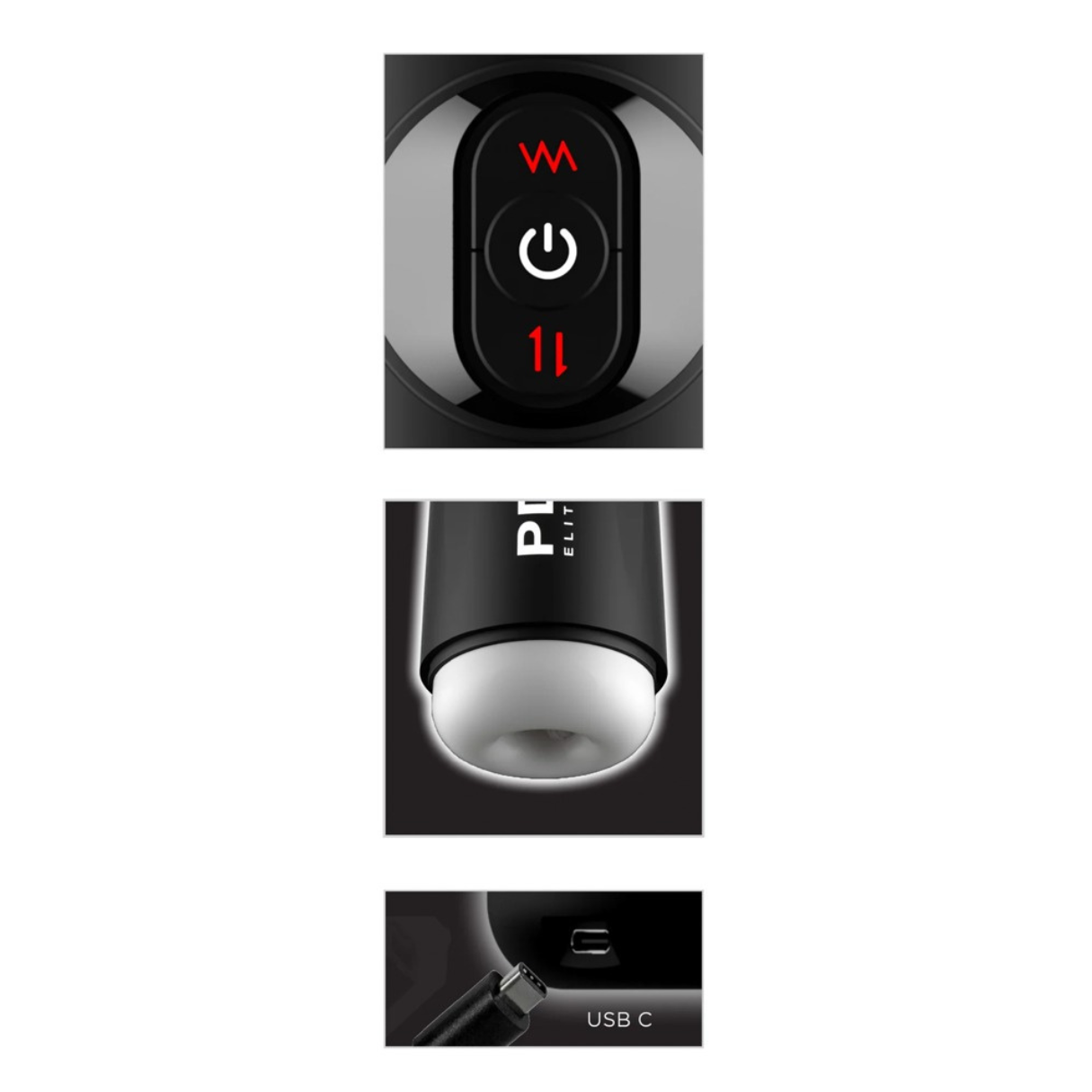 Nahaufnahme eines Sexspielzeugs mit Knöpfen und USB-C-Anschluss.