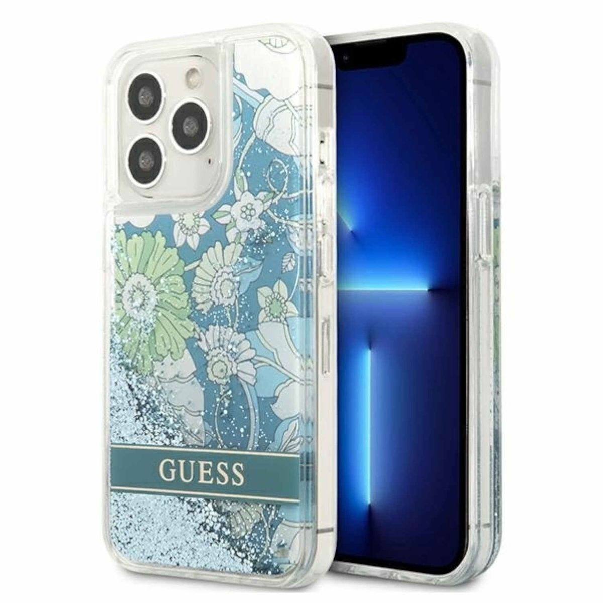 iPhone mit floral gemusterter Hülle, die Marke GUESS ist sichtbar. Das Telefon hat einen blauen Bildschirm.