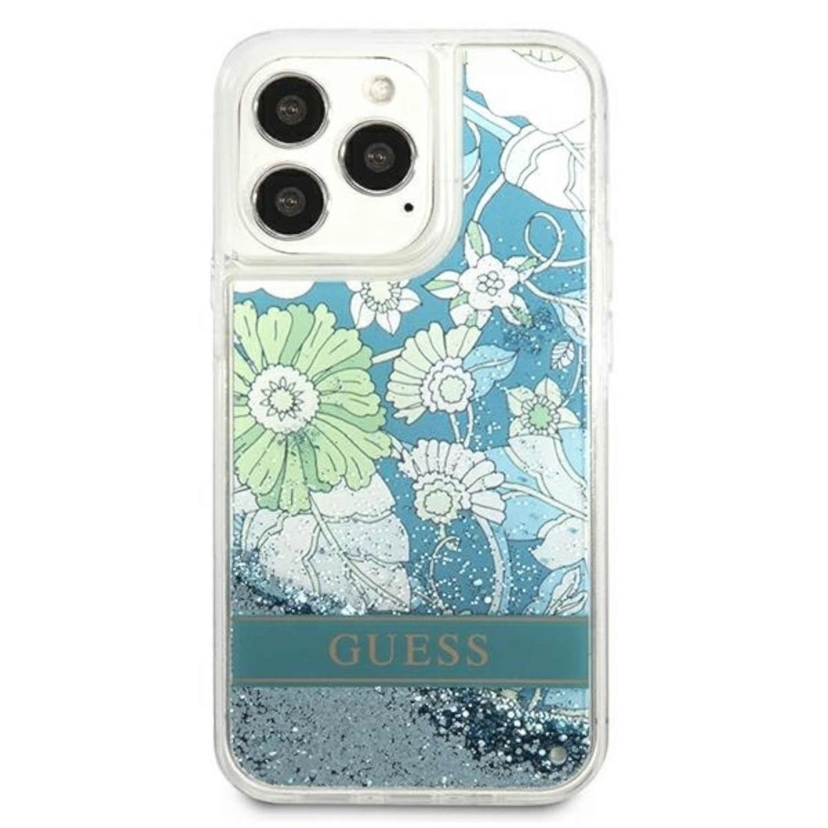 Blumen-Handyhülle mit Guess-Logo. Klare Hülle mit blauen und grünen Blumen. Blauer Glitzer unten.