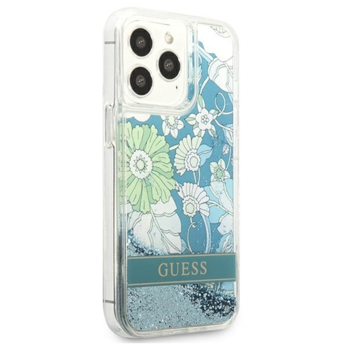 Transparente Handyhülle mit floralem Design, blauem Glitzer und Guess-Logo.