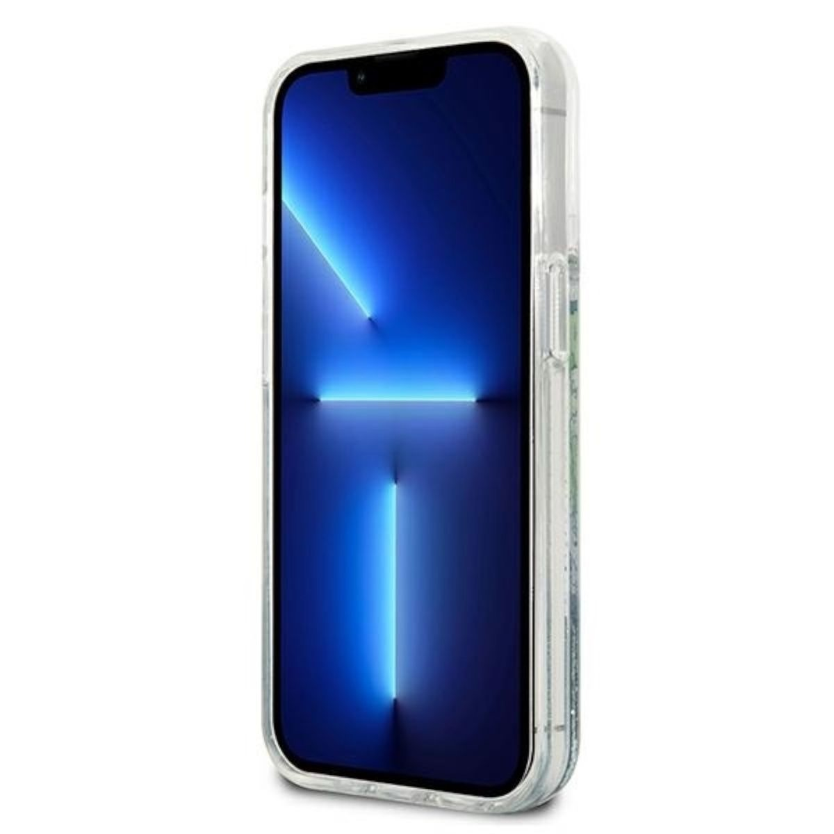 Ein Smartphone mit blauem Bildschirm in einer durchsichtigen Hülle.