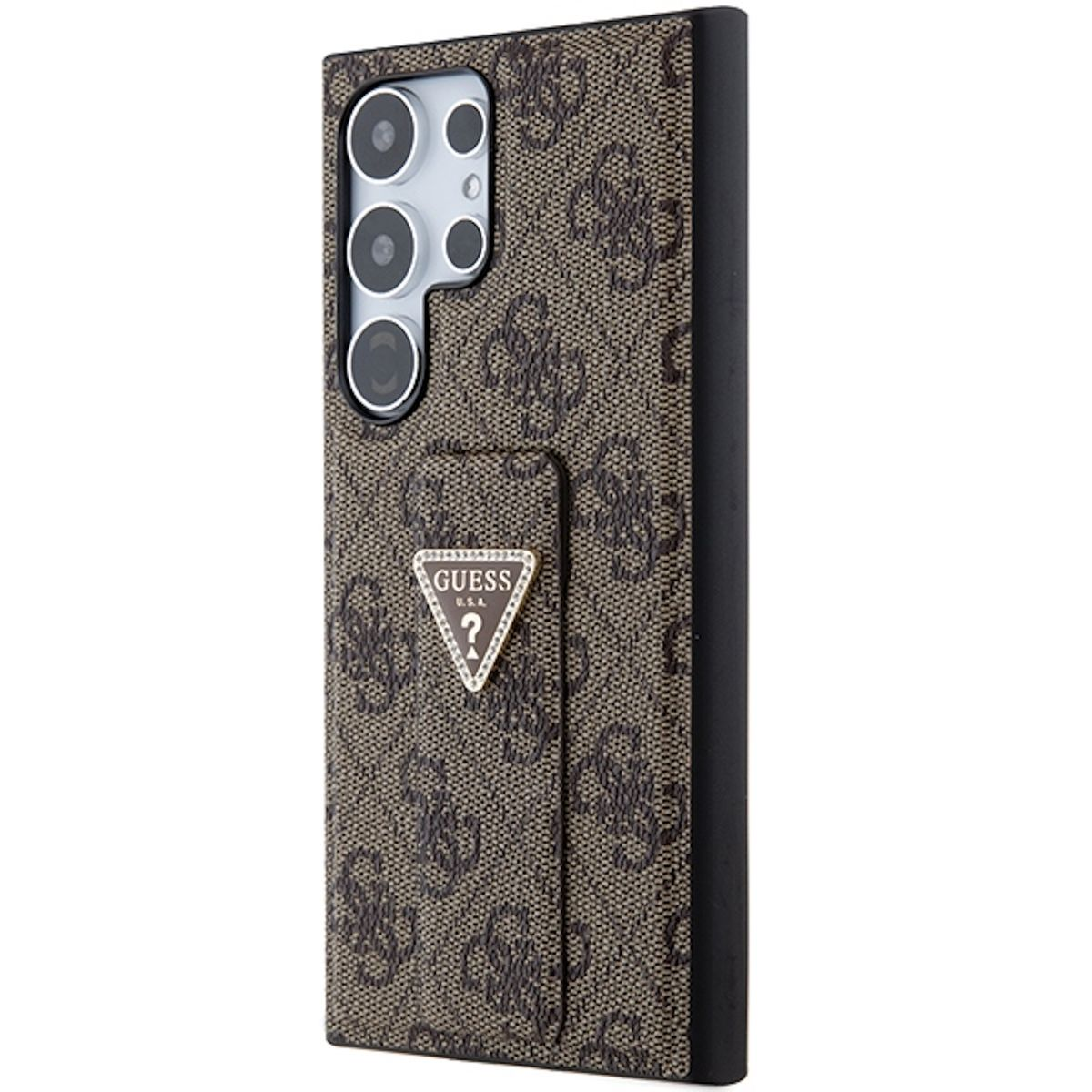 Braune Guess-Handyhülle mit Logo. Rückseite des Telefons sichtbar. Weißer Hintergrund.