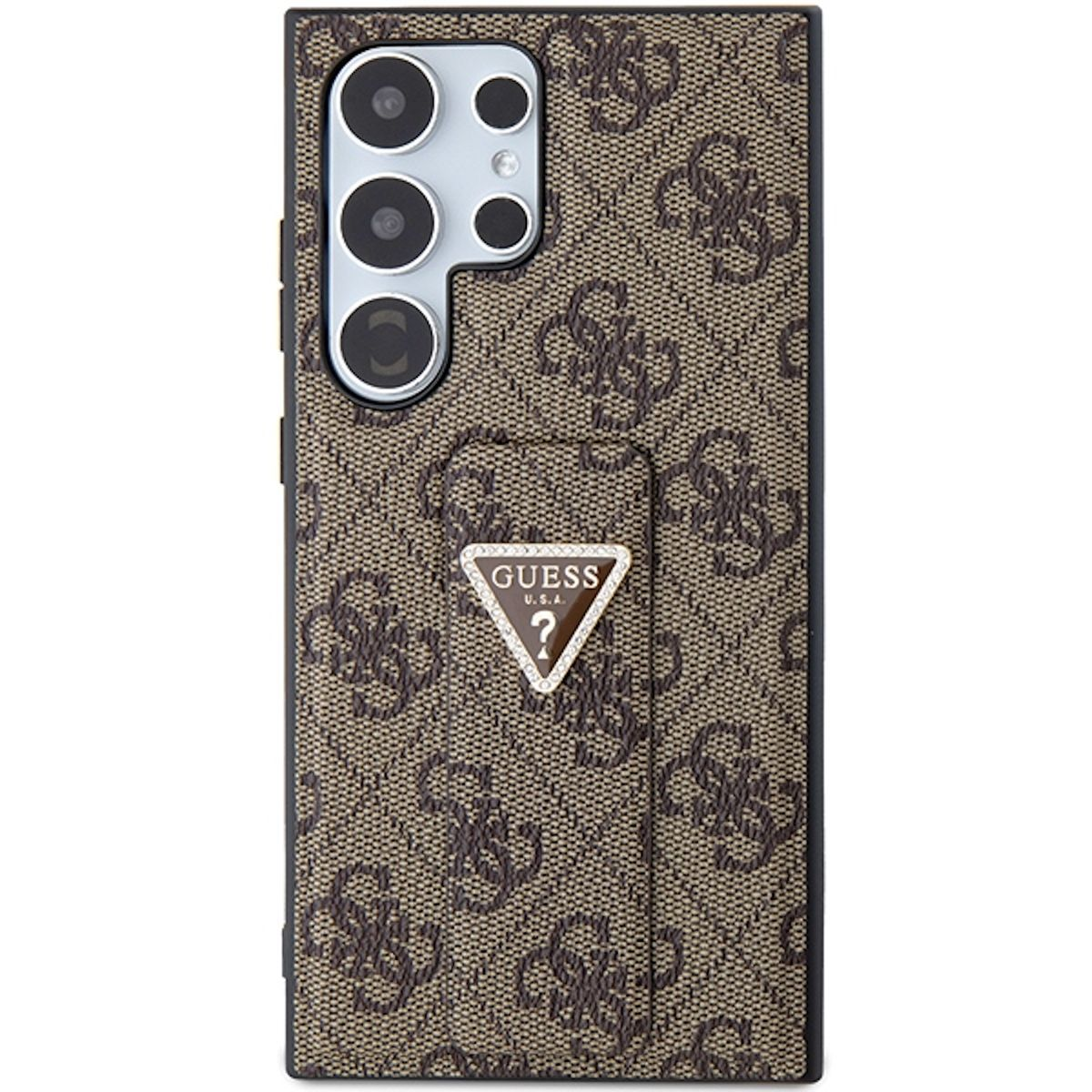 Ein Smartphone in einer braunen Guess-Hülle mit dem Guess-Logo-Muster.