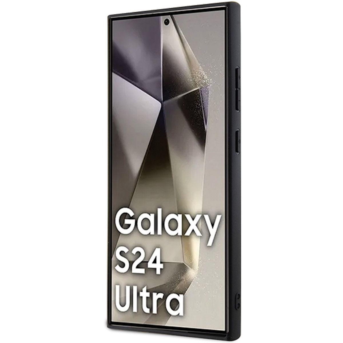 Schwarze Handyhülle mit Bildschirm, der ein abstraktes Bild zeigt, mit Galaxy S24 Ultra Text.