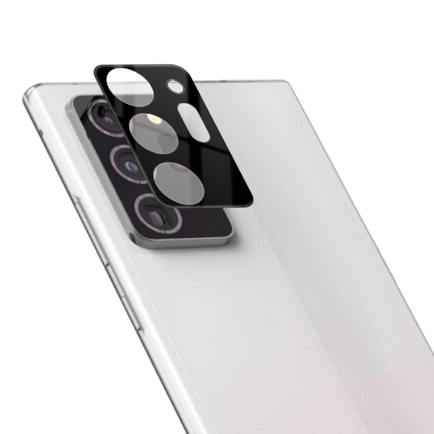 Ein Smartphone mit angebrachtem Kameraschutz, drei Linsen sind sichtbar.