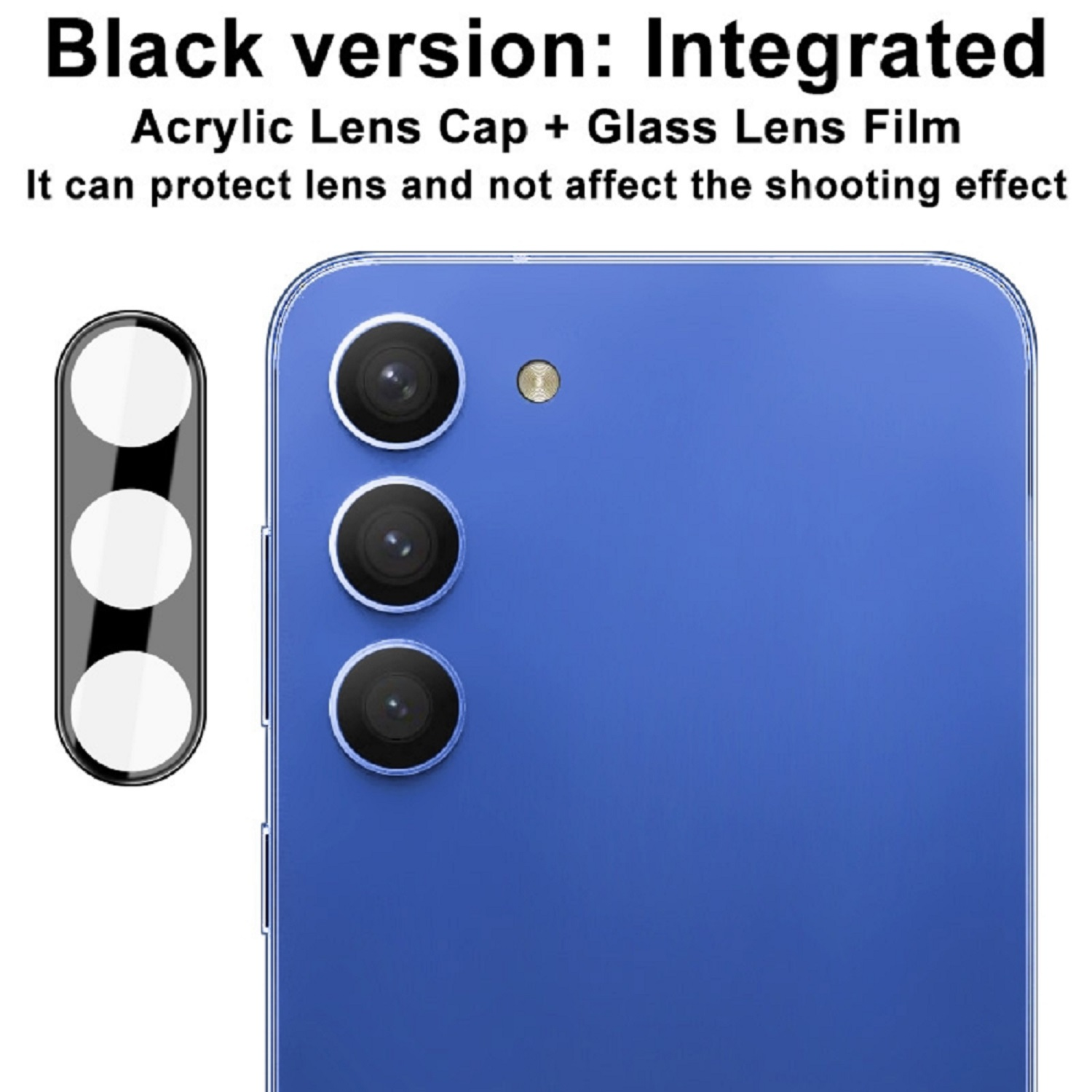 Blaue Telefonrückseite mit drei Kameralinsen und schwarzen Objektivabdeckungen.