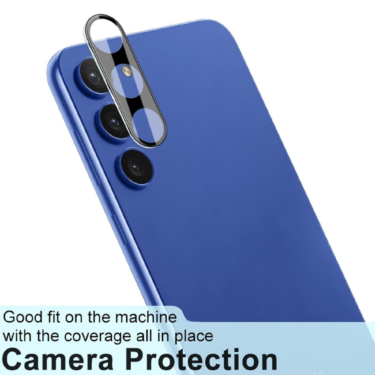 Ein blaues Telefon mit einem Kameraschutz. Der Schutz deckt die Linsen auf der Rückseite ab.