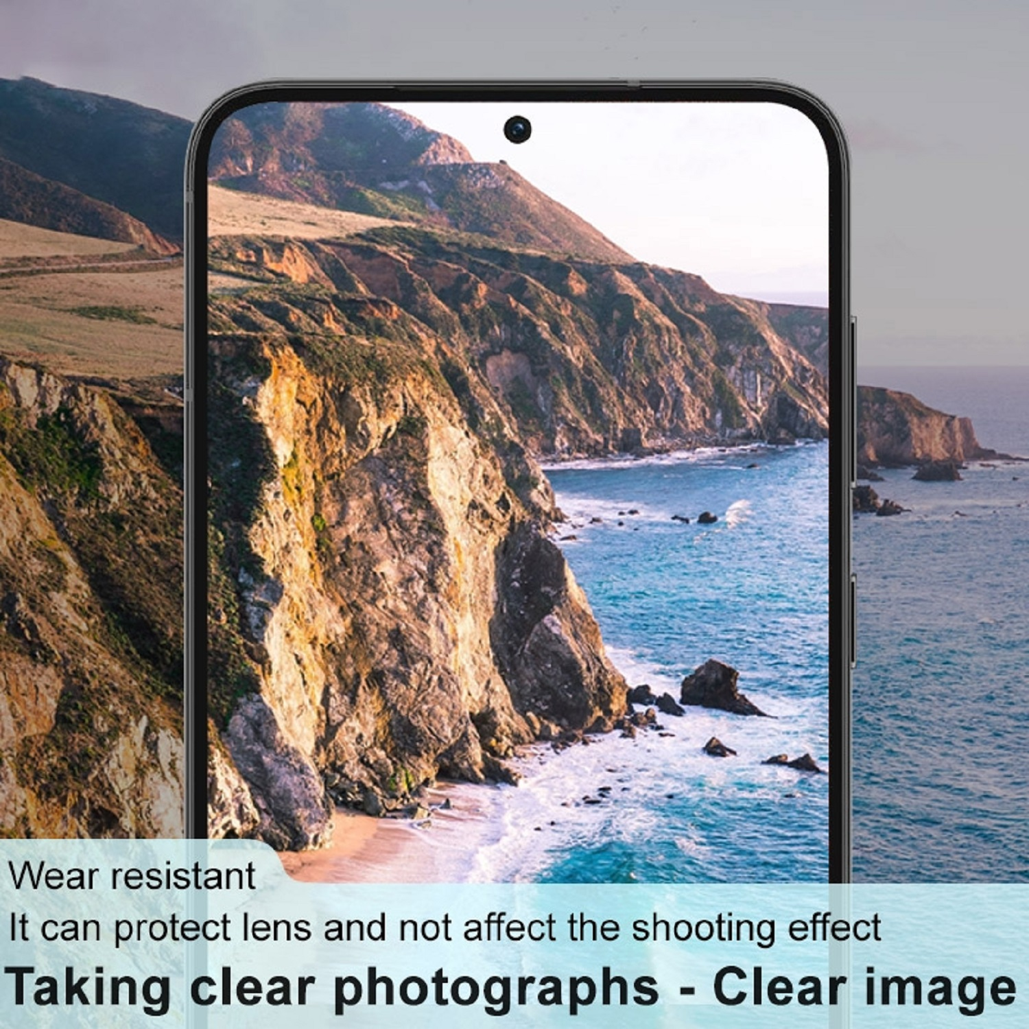 Smartphone-Bildschirm mit Küstenlandschaft. Text unten: 'Klare Fotos machen - Klares Bild'.